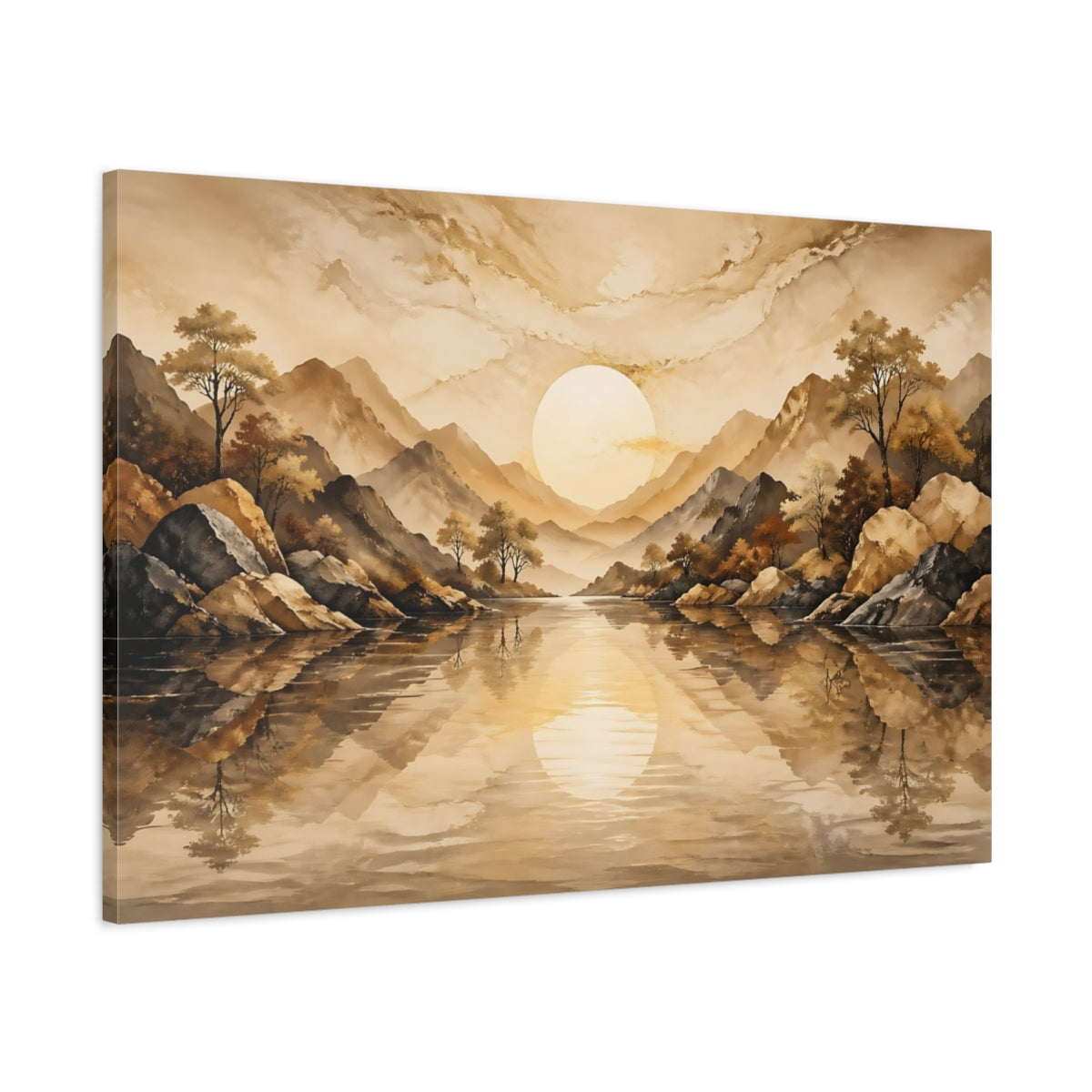 Main Mockup. Nature Mountain Landscape Brown And Gold shown as stretched canvas wall art