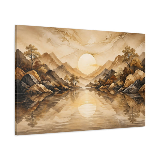 Main Mockup. Nature Mountain Landscape Brown And Gold shown as stretched canvas wall art