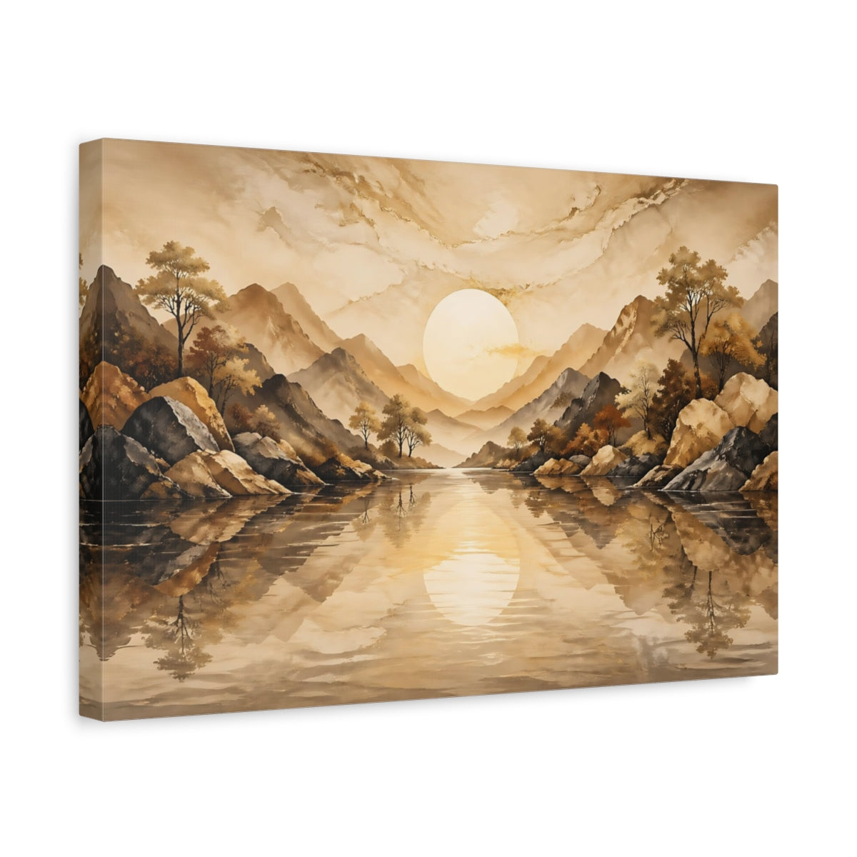 Side Mockup 4. Nature Mountain Landscape Brown And Gold shown as stretched canvas wall art