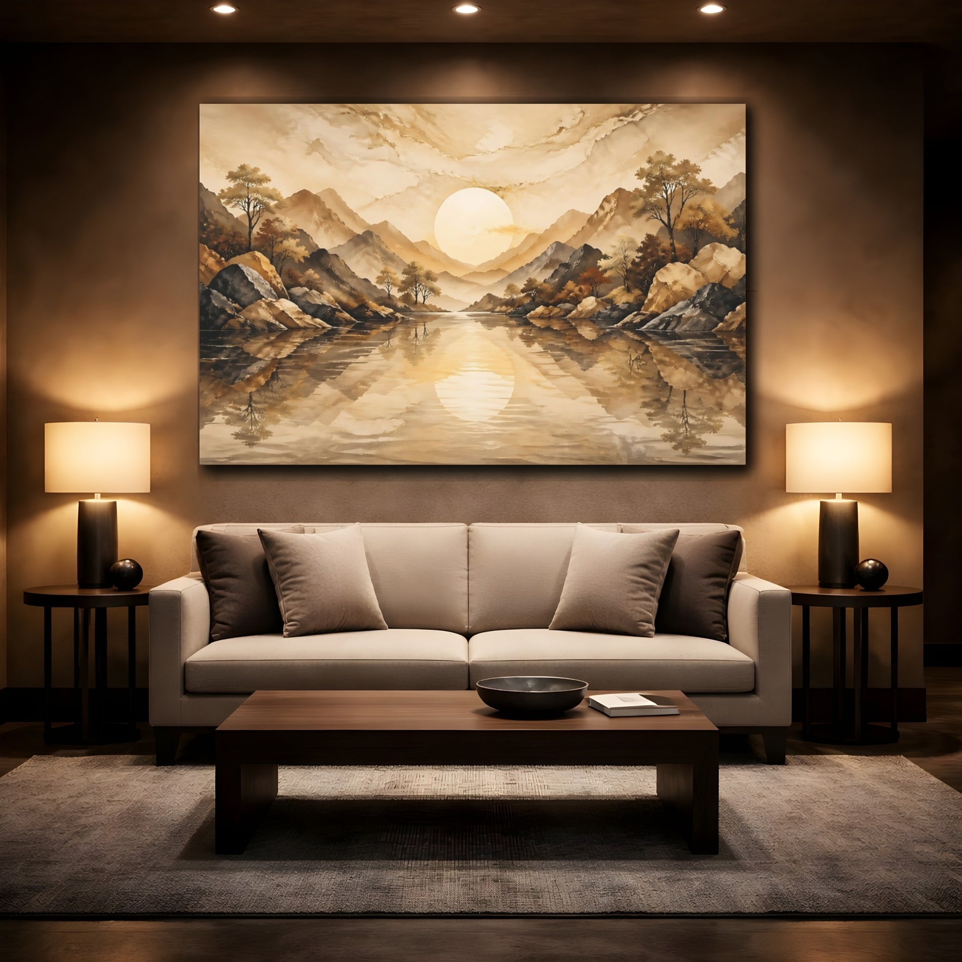 Mockup 2. Nature Mountain Landscape Brown And Gold shown as stretched canvas wall art