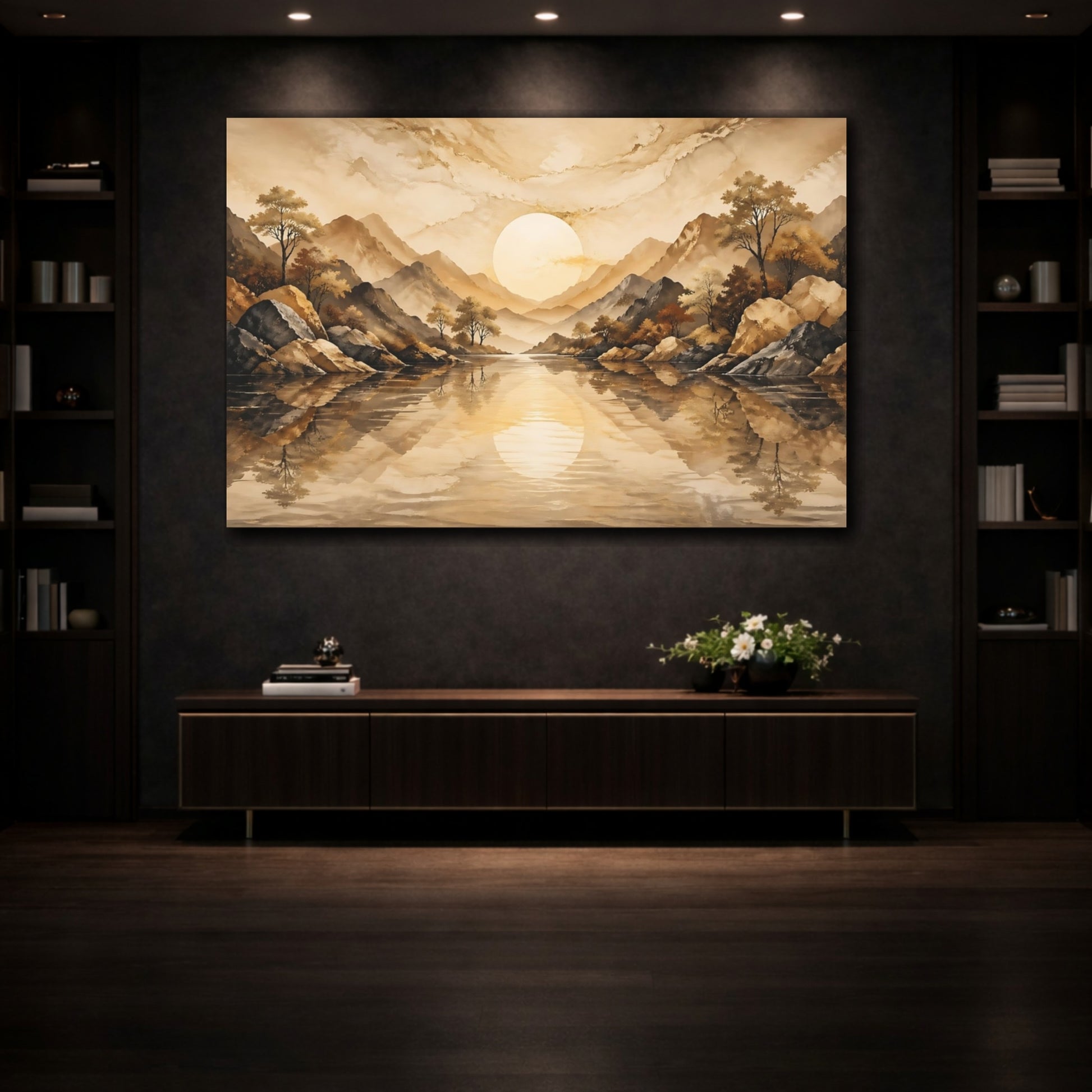 Mockup 3. Nature Mountain Landscape Brown And Gold shown as stretched canvas wall art