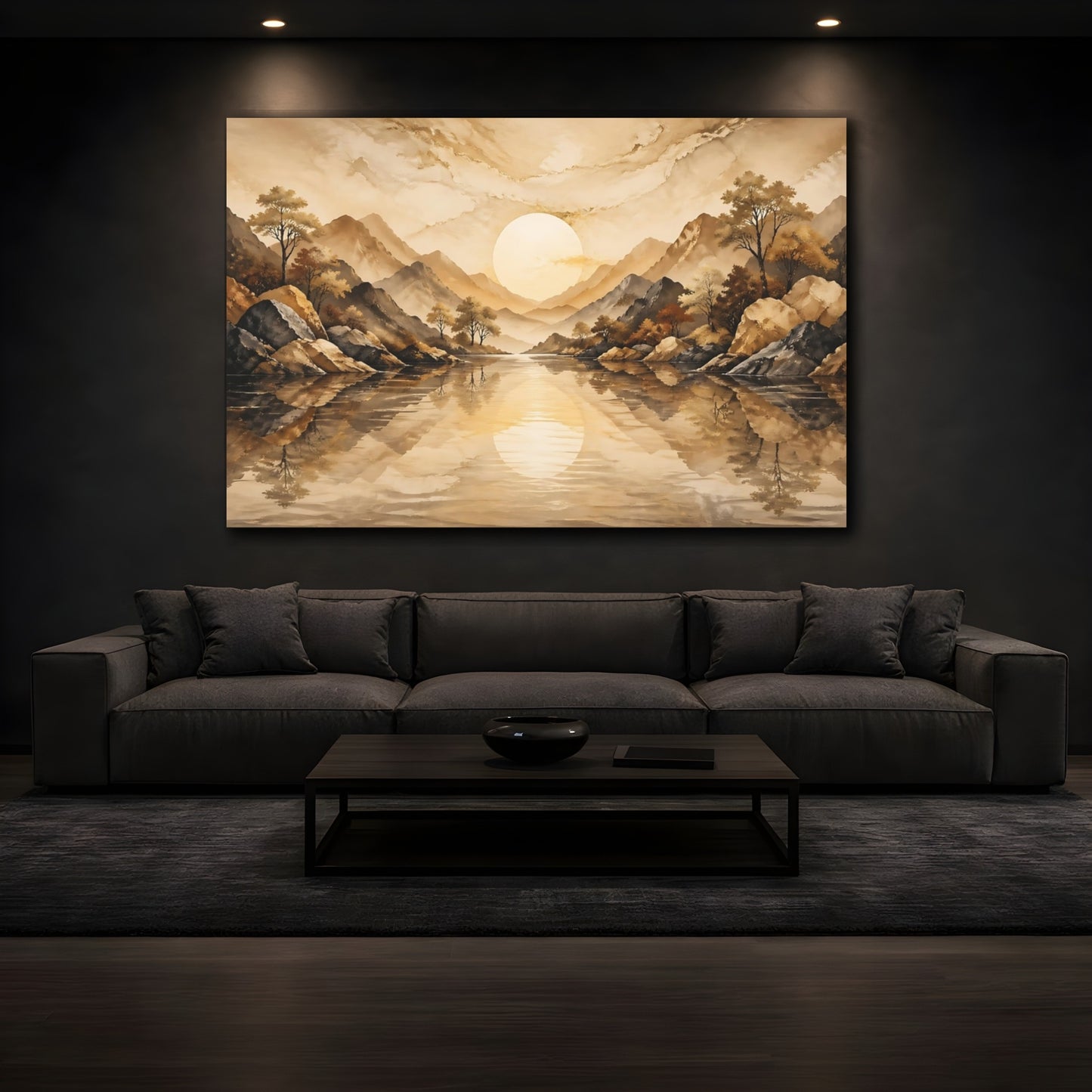 Mockup 4. Nature Mountain Landscape Brown And Gold shown as stretched canvas wall art
