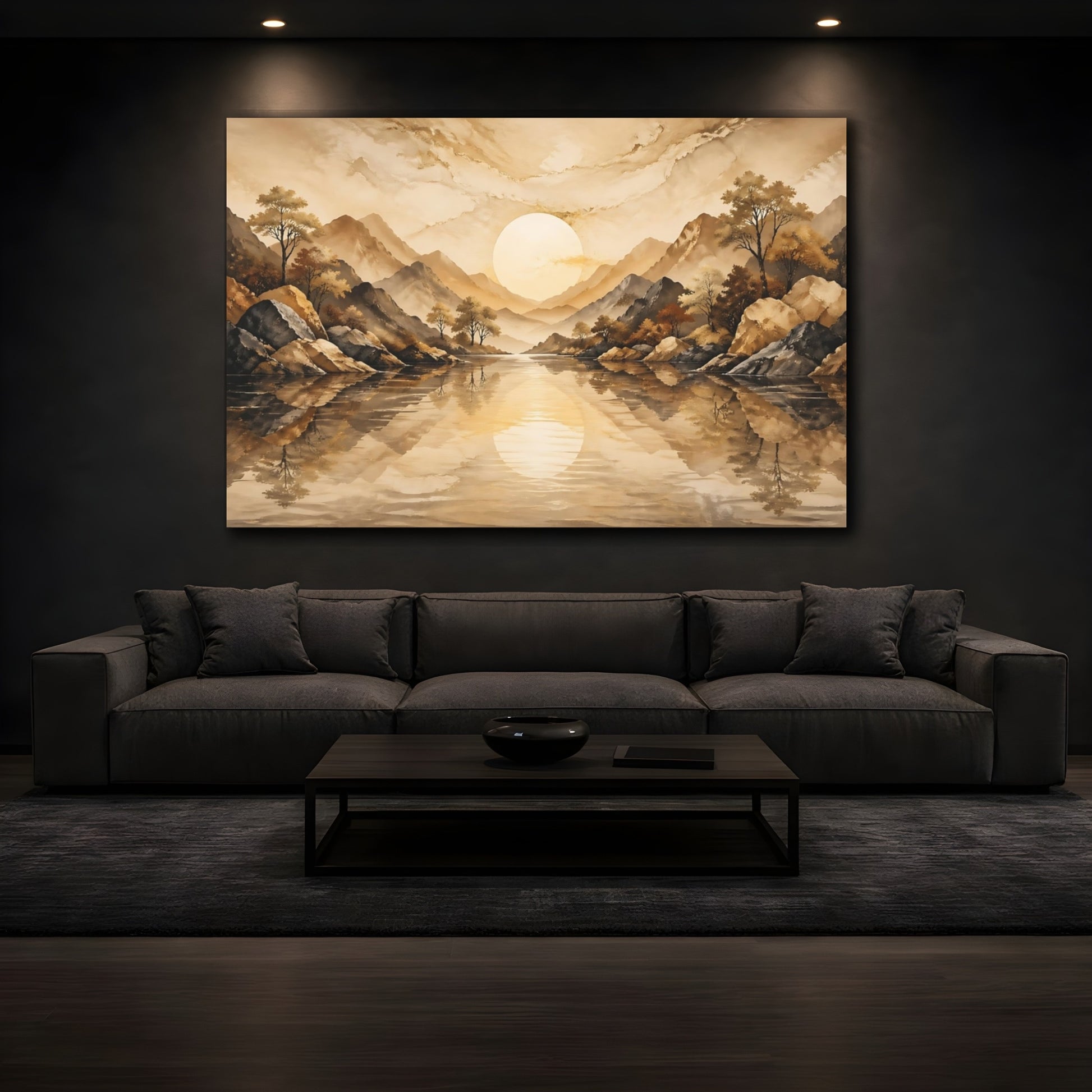 Mockup 4. Nature Mountain Landscape Brown And Gold shown as stretched canvas wall art