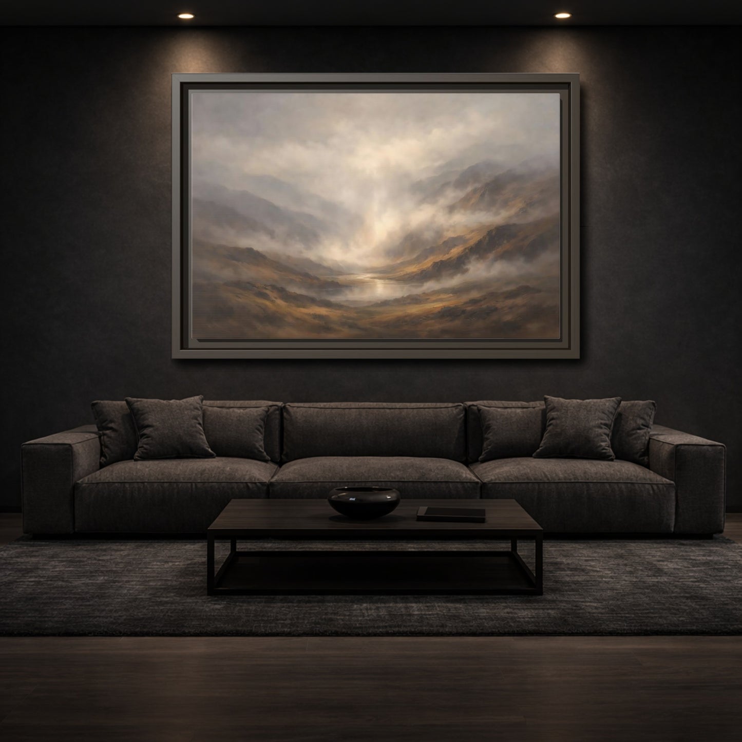 Mockup 2. Nature Mountain Landscape Brown And Gray shown as stretched canvas wall art