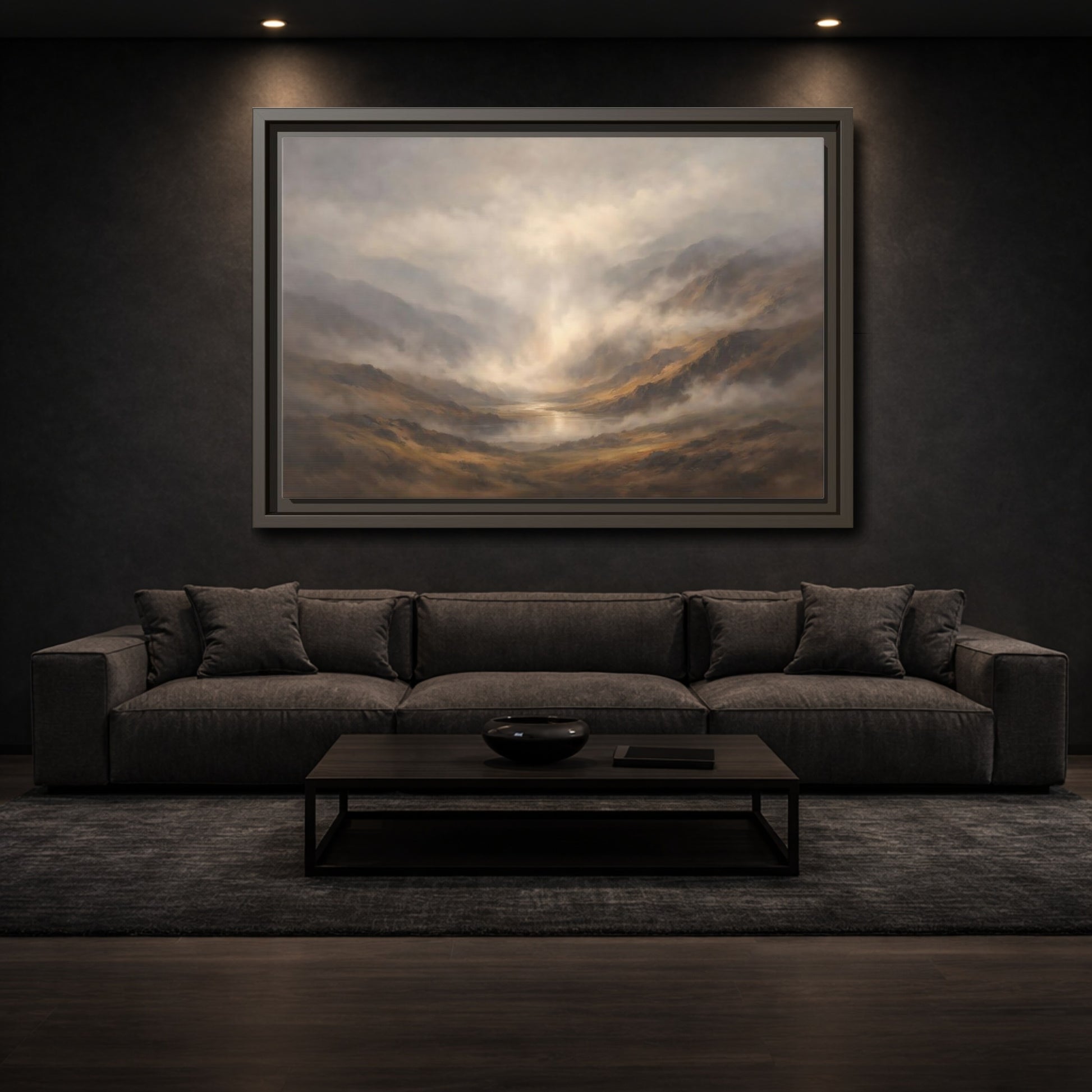 Mockup 2. Nature Mountain Landscape Brown And Gray shown as stretched canvas wall art