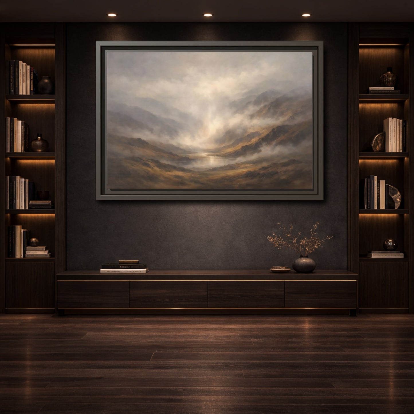 Mockup 3. Nature Mountain Landscape Brown And Gray shown as stretched canvas wall art