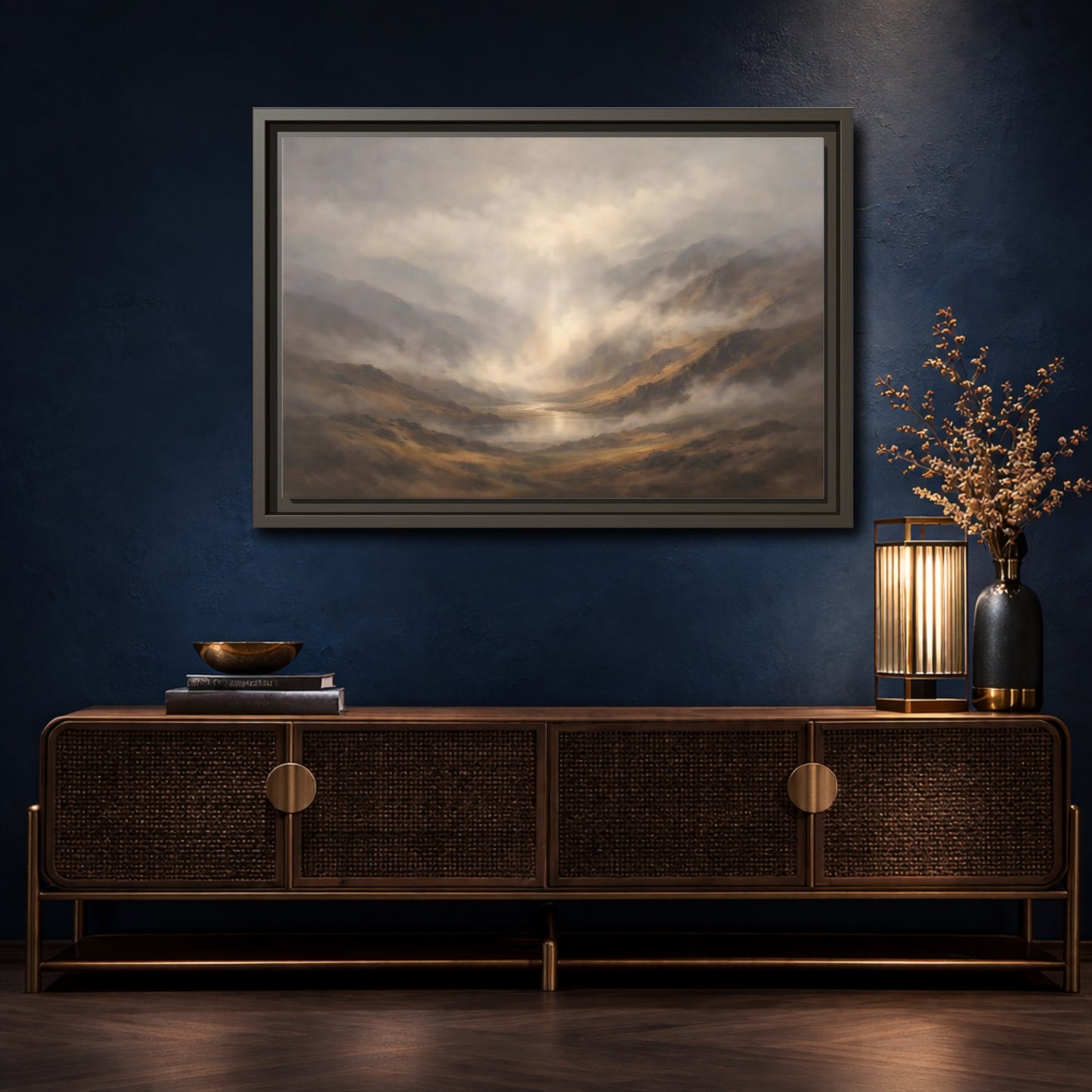 Mockup 4. Nature Mountain Landscape Brown And Gray shown as stretched canvas wall art