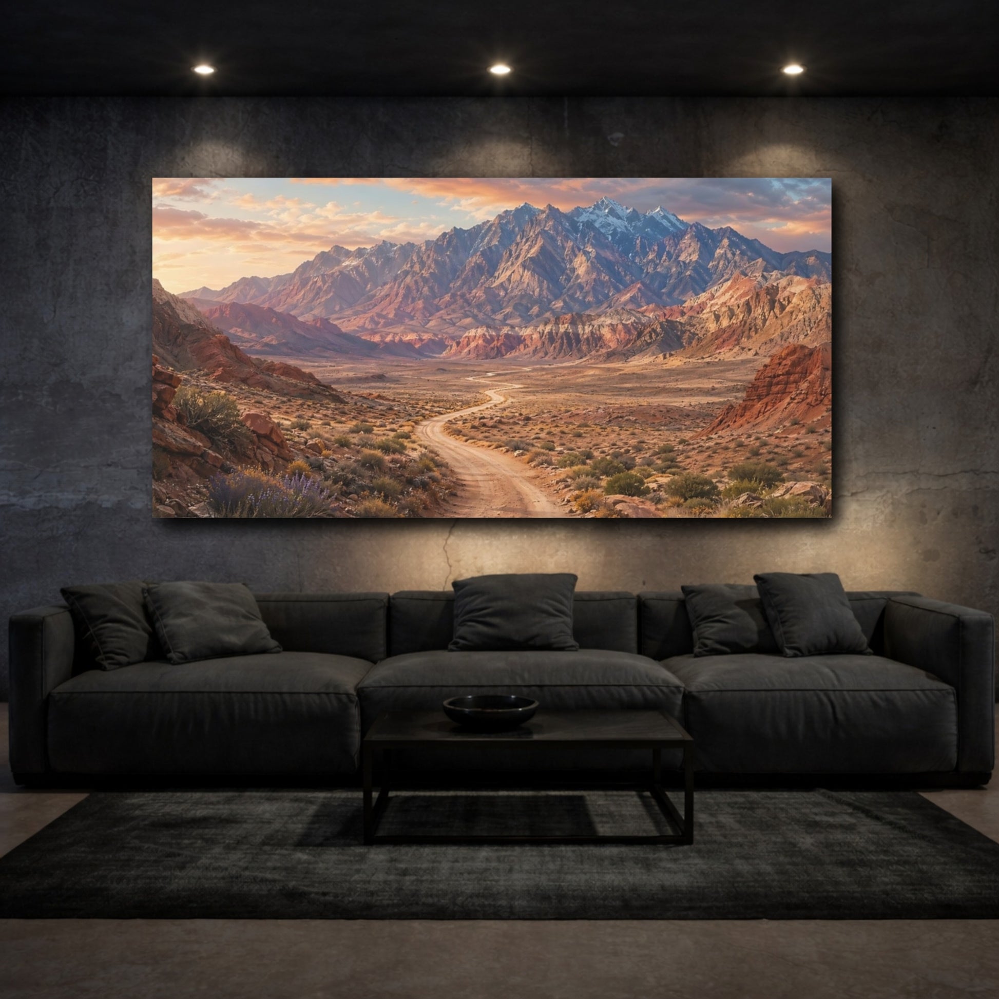 Mockup 2. Nature Mountain Landscape Desert Mountain Sunset shown as stretched canvas wall art