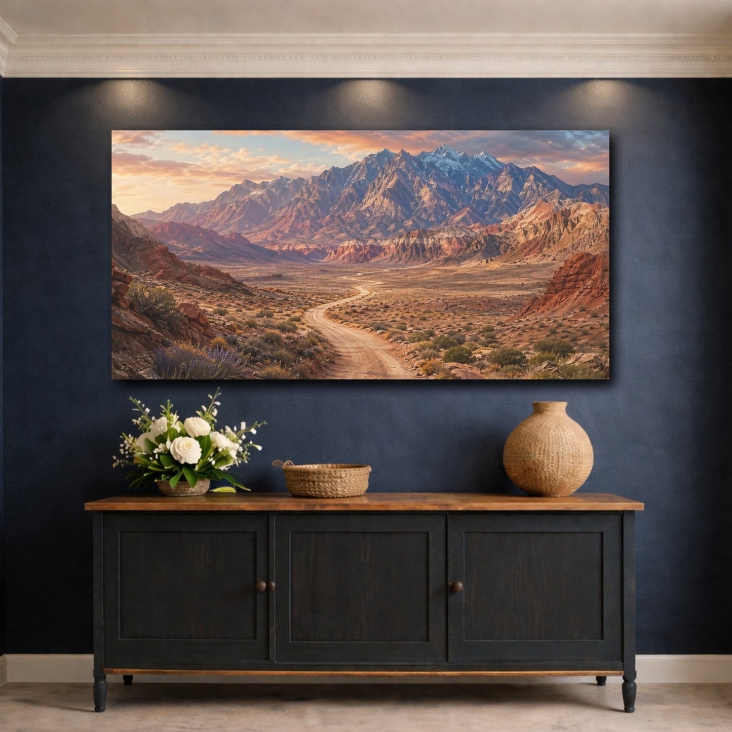 Mockup 4. Nature Mountain Landscape Desert Mountain Sunset shown as stretched canvas wall art