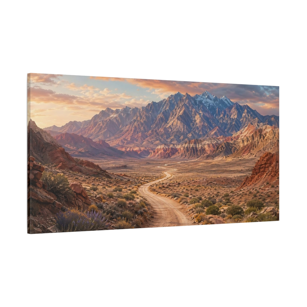 Side Mockup 2. Nature Mountain Landscape Desert Mountain Sunset shown as stretched canvas wall art