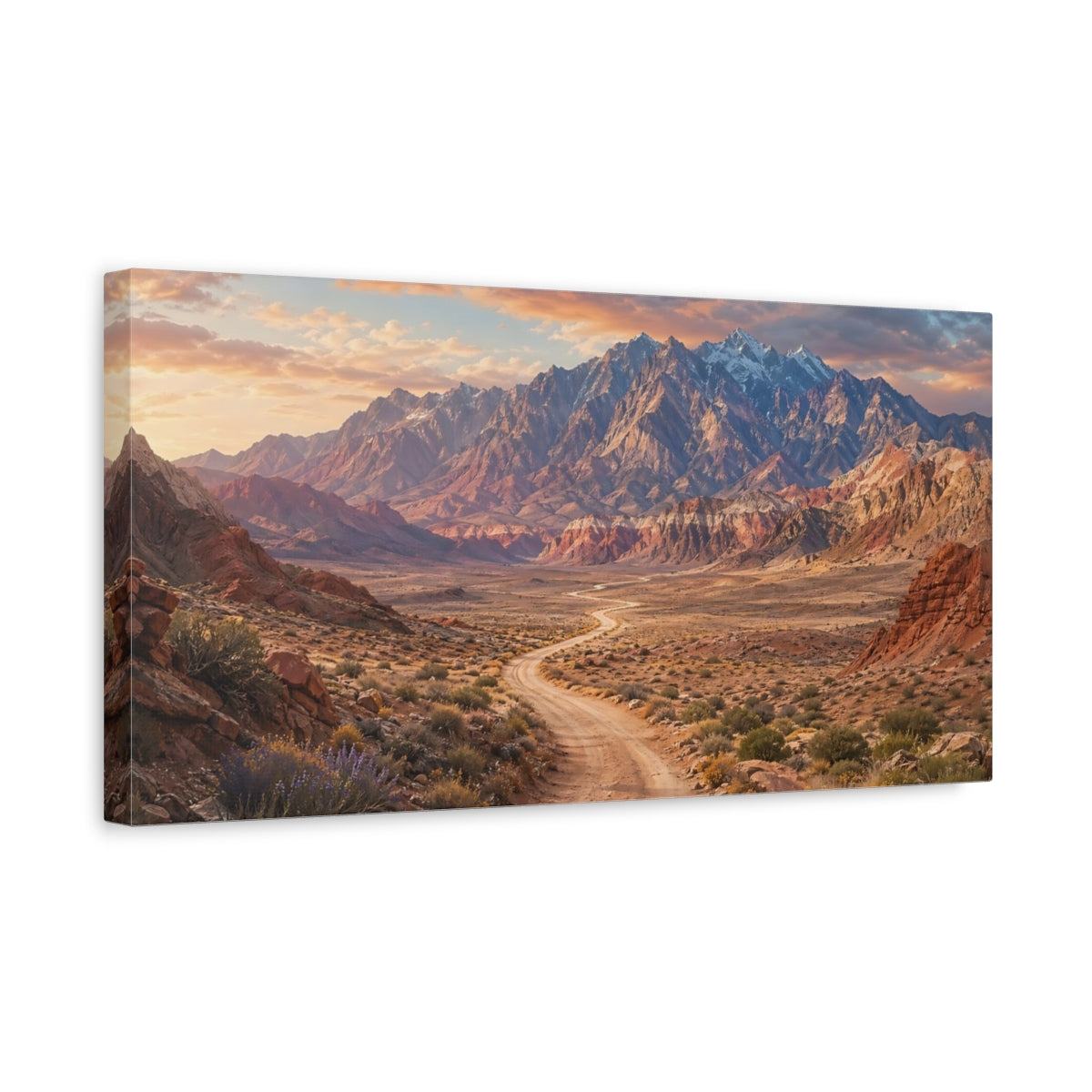 Side Mockup 3. Nature Mountain Landscape Desert Mountain Sunset shown as stretched canvas wall art