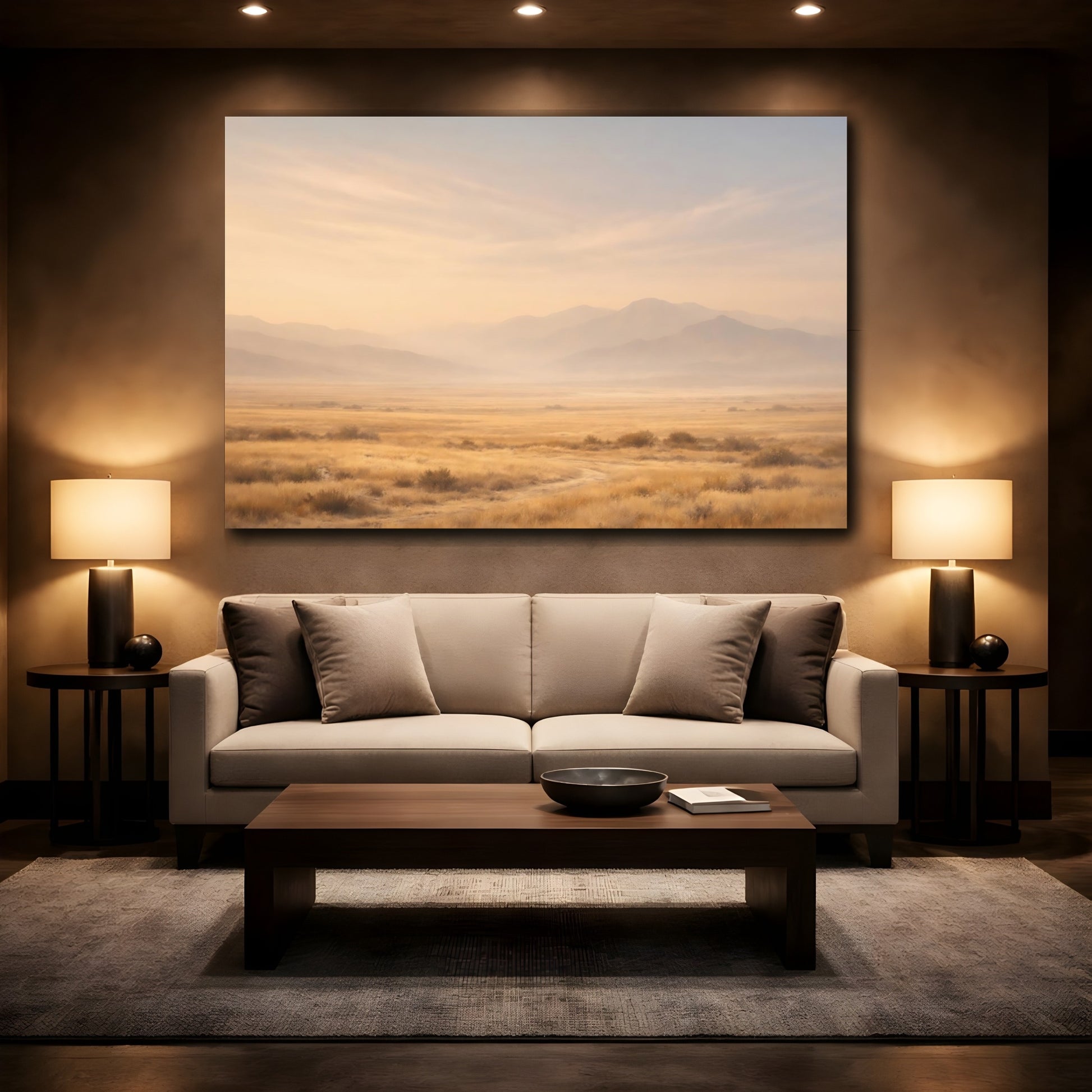 Mockup 2. Nature Mountain Landscape Golden Hues Landscape shown as stretched canvas wall art