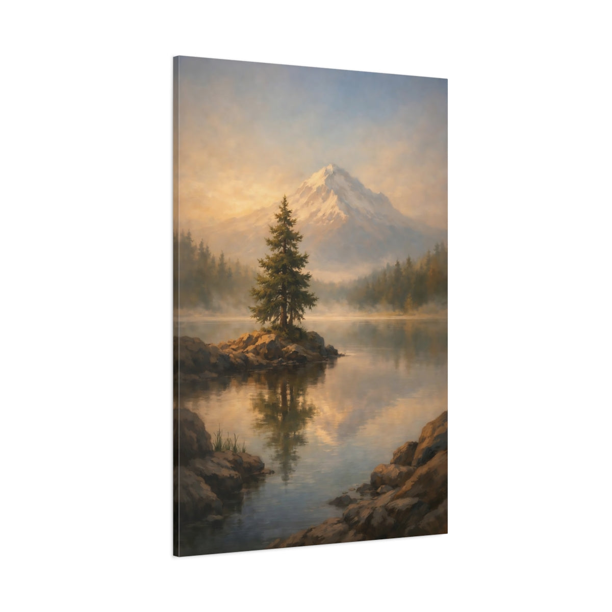 Main Mockup. Nature Mountain Landscape Golden Mountain Lake shown as stretched canvas wall art