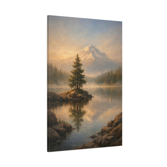 Main Mockup. Nature Mountain Landscape Golden Mountain Lake shown as stretched canvas wall art
