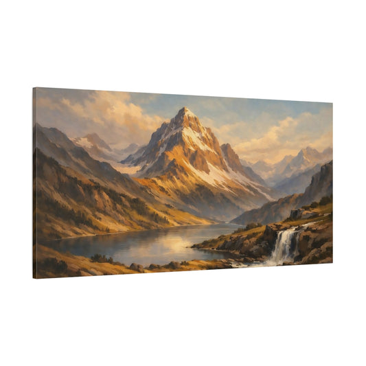 Main Mockup. Nature Mountain Landscape Golden Mountain Lake shown as stretched canvas wall art