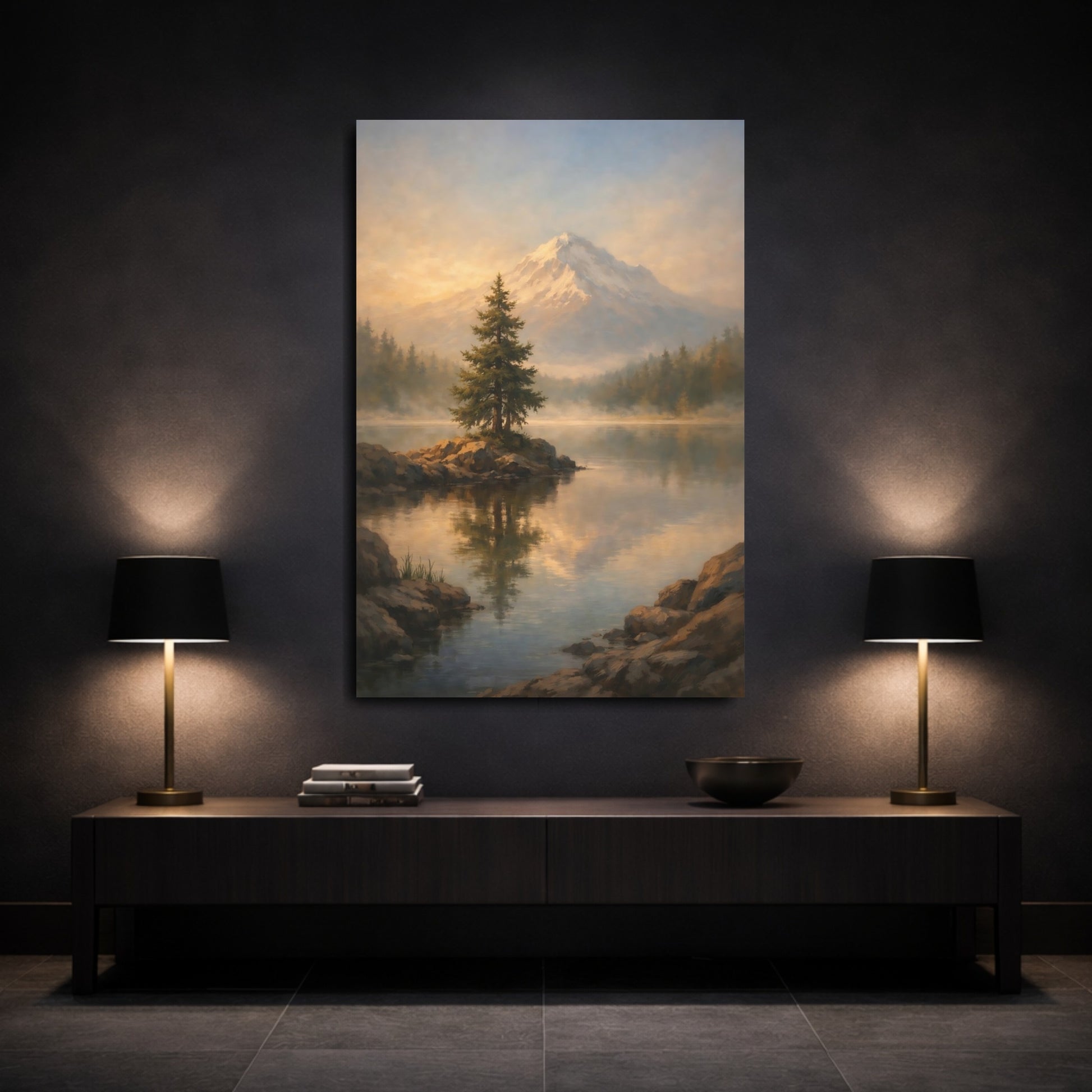 Mockup 2. Nature Mountain Landscape Golden Mountain Lake shown as stretched canvas wall art