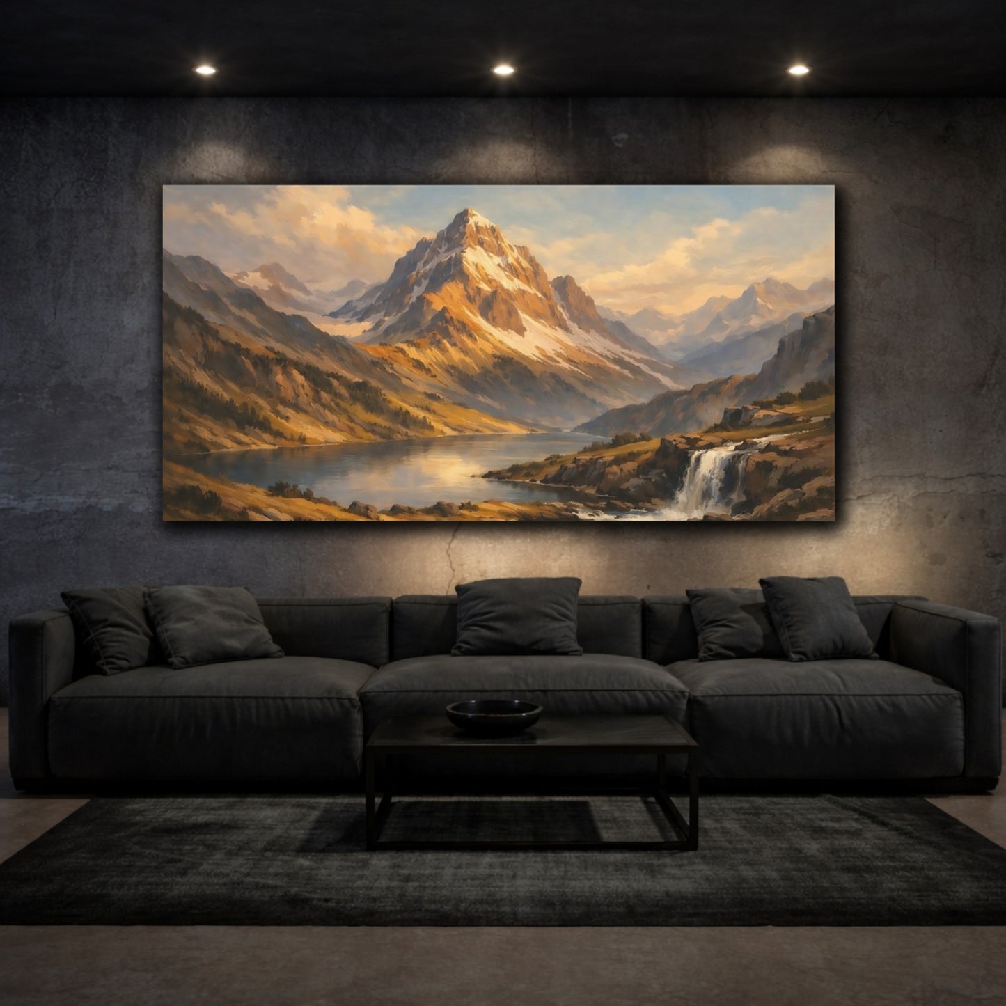 Mockup 2. Nature Mountain Landscape Golden Mountain Lake shown as stretched canvas wall art