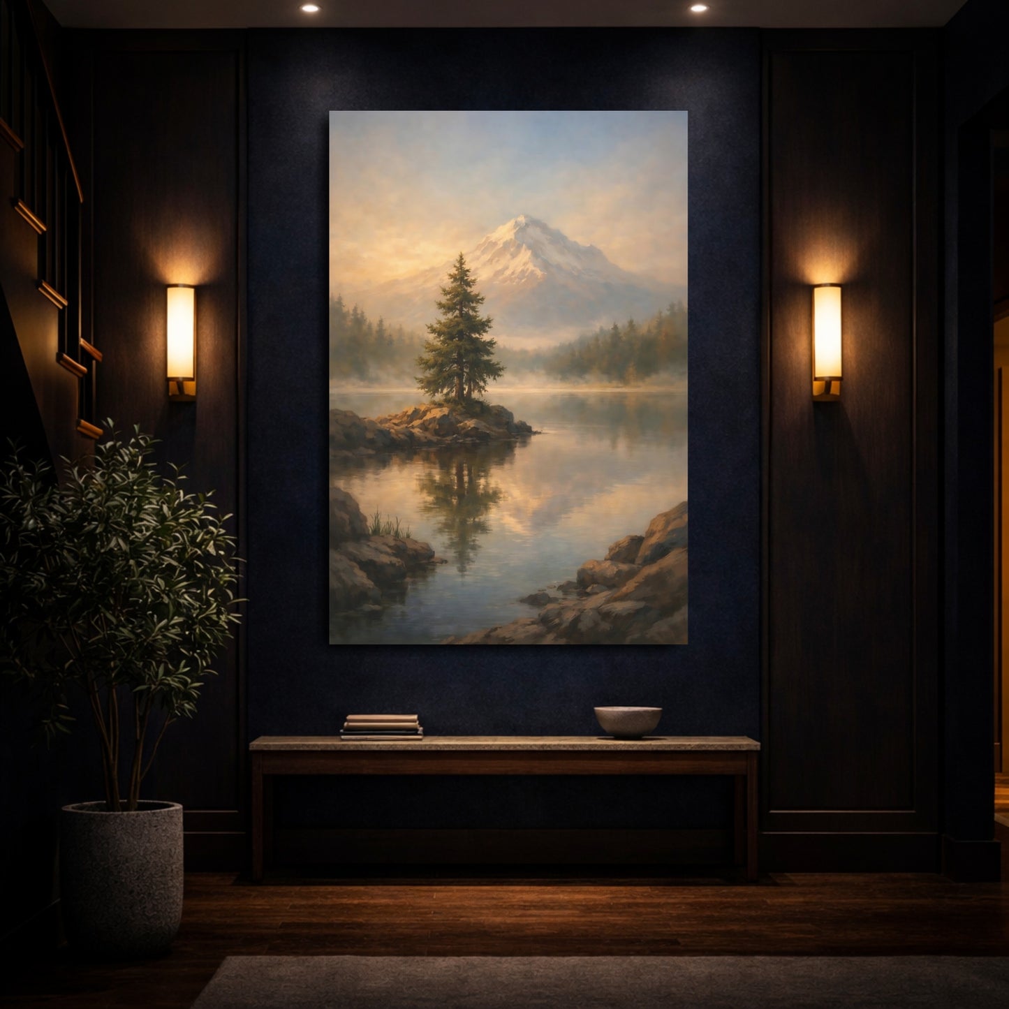 Mockup 3. Nature Mountain Landscape Golden Mountain Lake shown as stretched canvas wall art