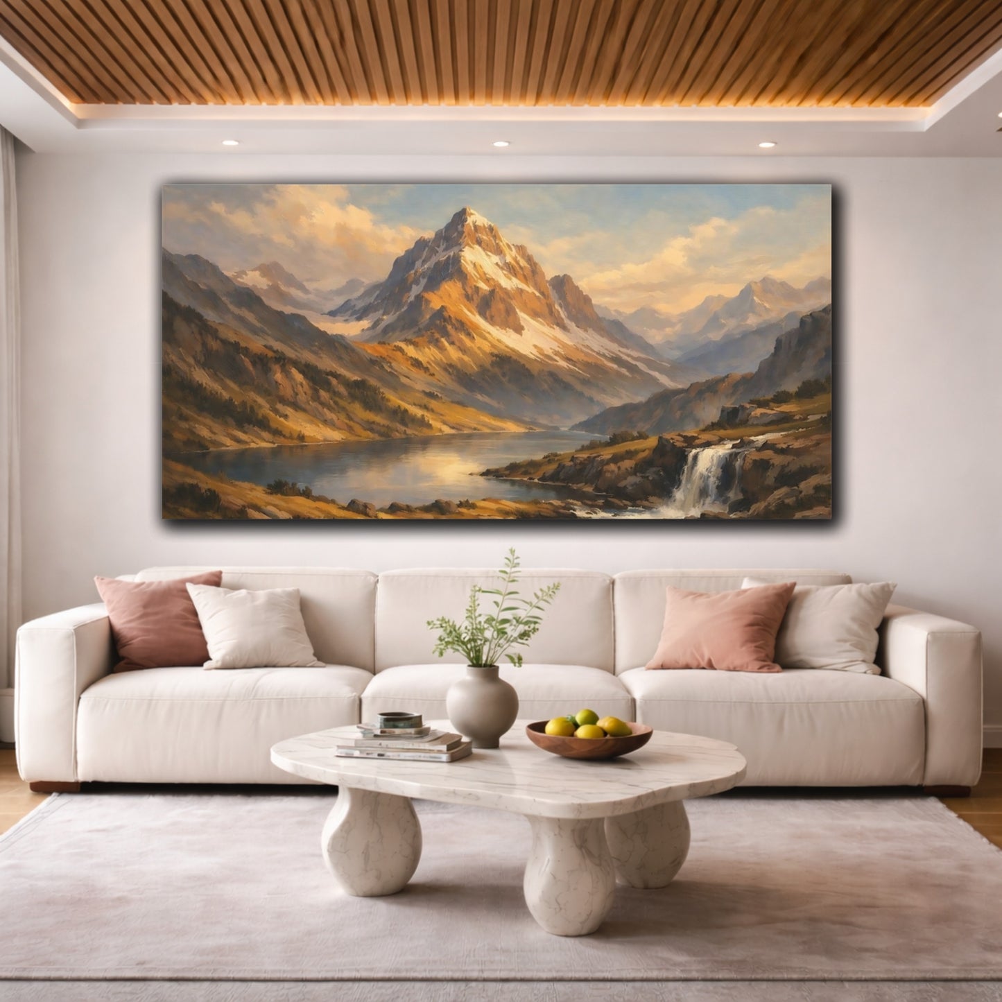 Mockup 3. Nature Mountain Landscape Golden Mountain Lake shown as stretched canvas wall art