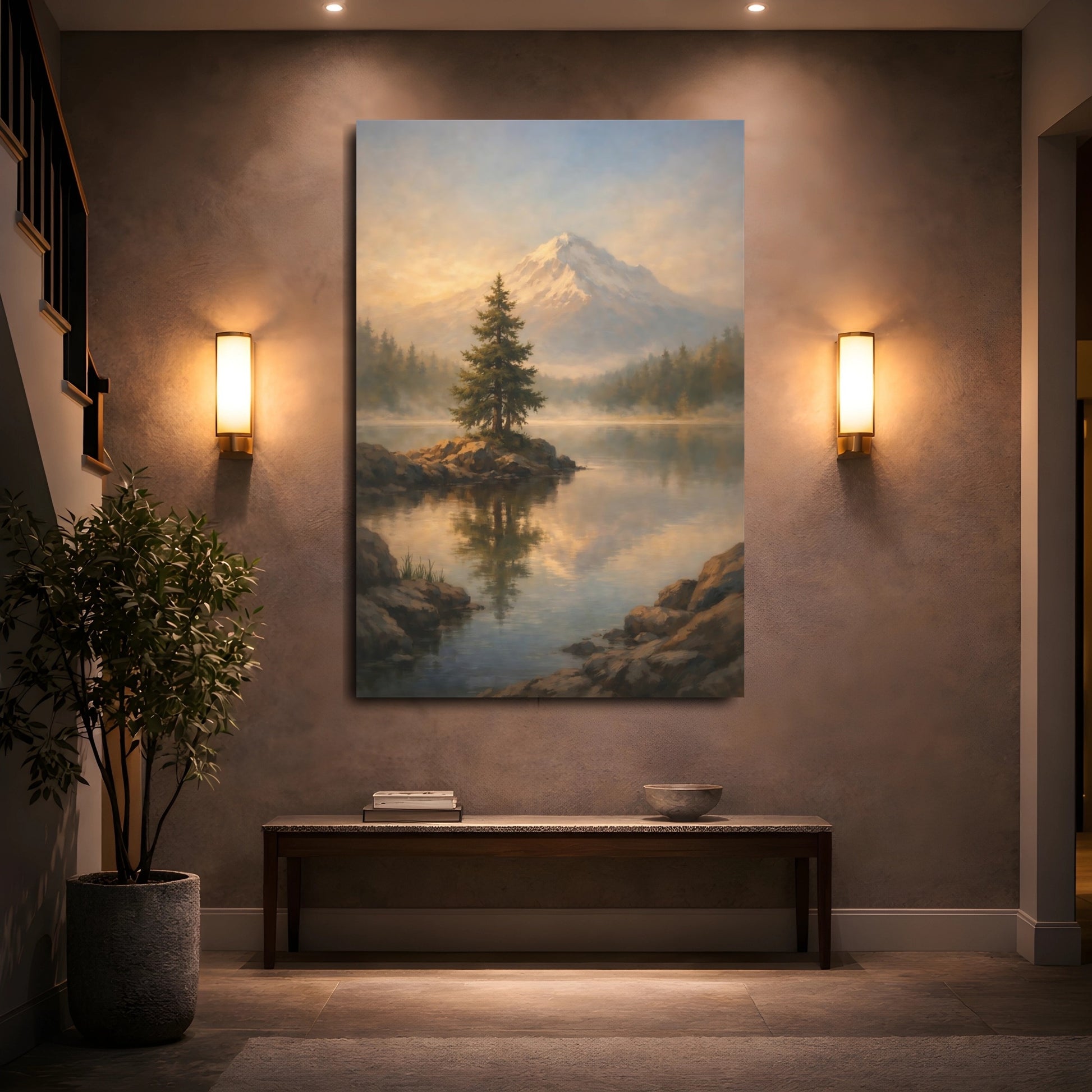 Mockup 4. Nature Mountain Landscape Golden Mountain Lake shown as stretched canvas wall art