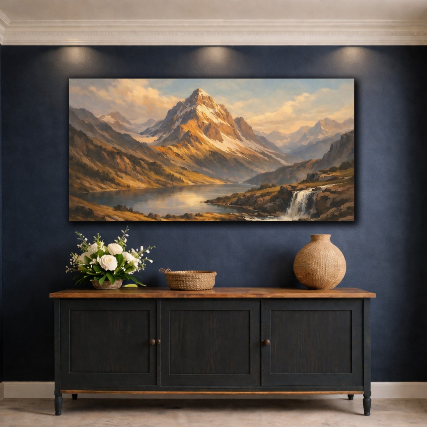 Mockup 4. Nature Mountain Landscape Golden Mountain Lake shown as stretched canvas wall art
