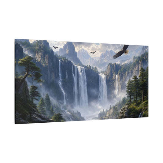 Main Mockup. Nature Mountain Landscape Green And Blue shown as stretched canvas wall art