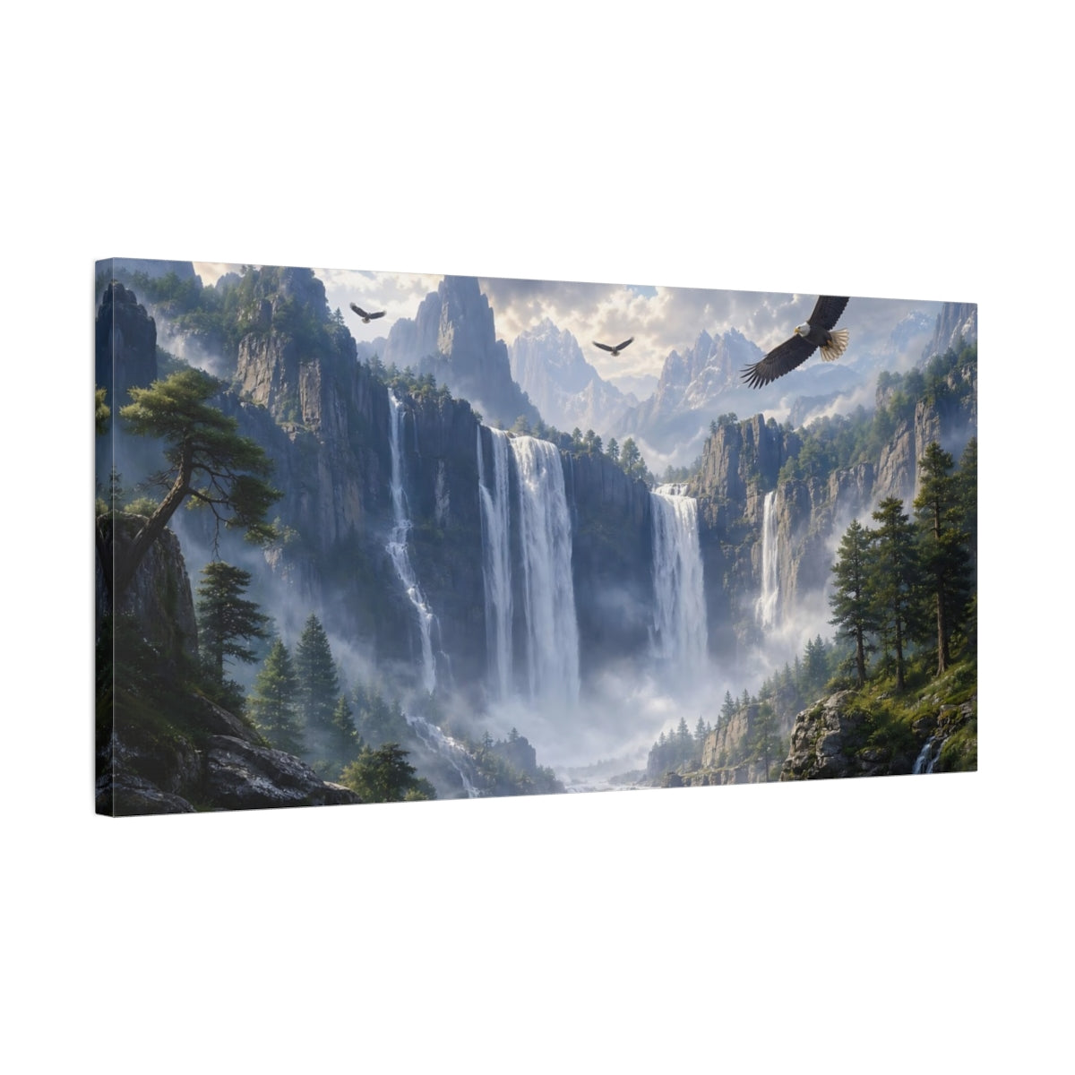 Side Mockup 1. Nature Mountain Landscape Green And Blue shown as stretched canvas wall art