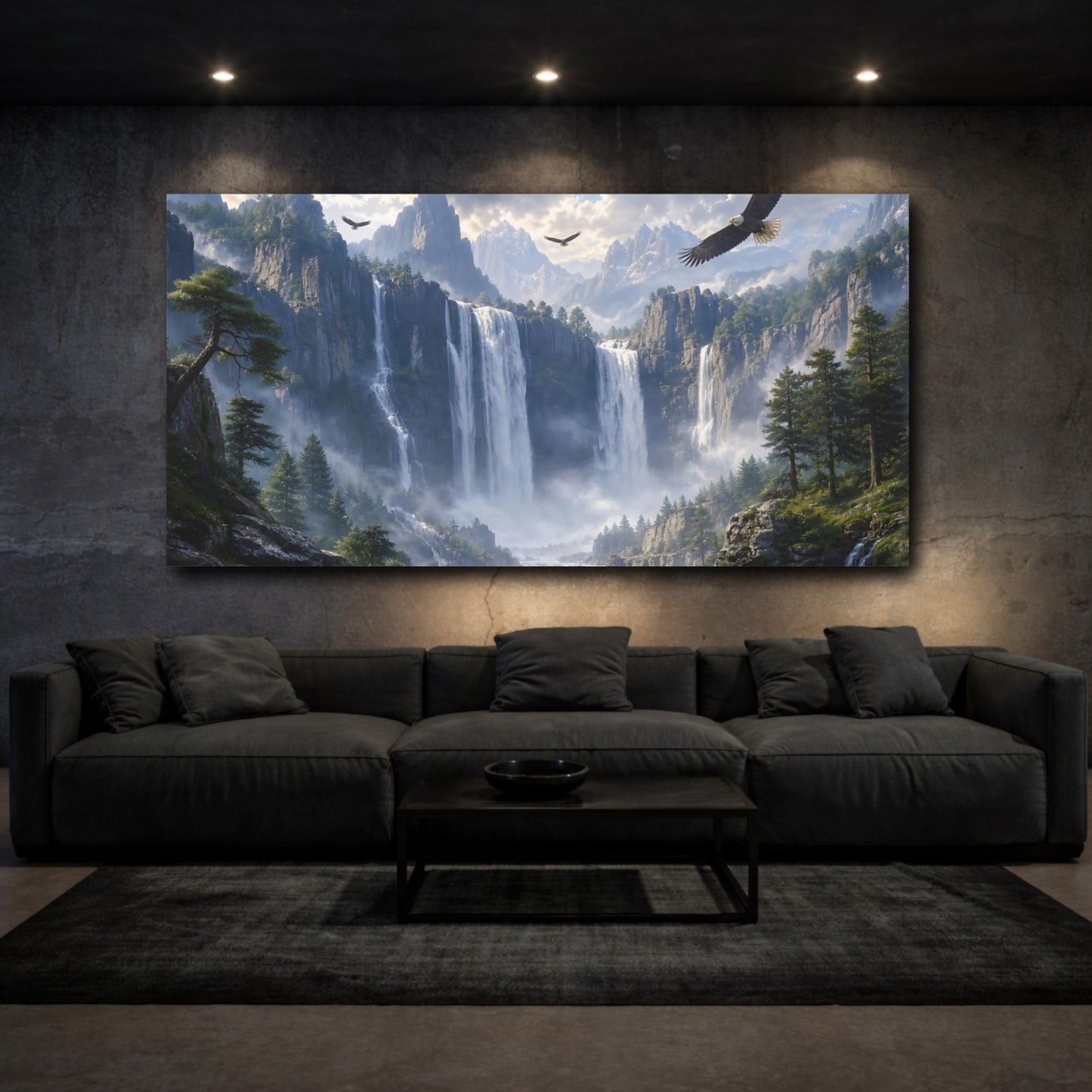 Mockup 2. Nature Mountain Landscape Green And Blue shown as stretched canvas wall art