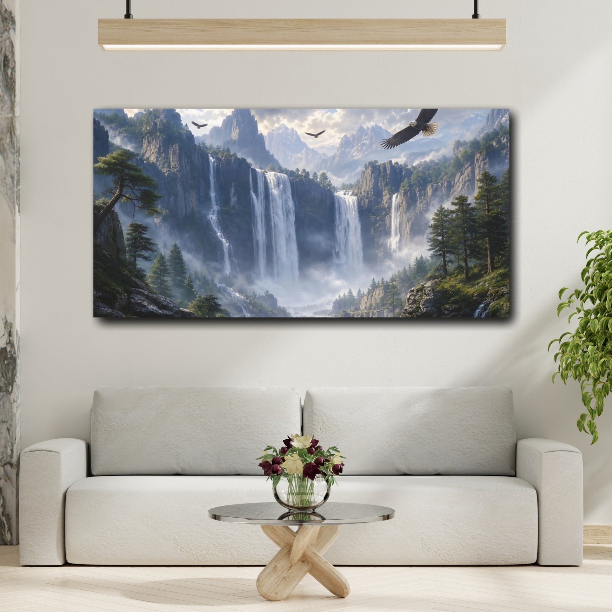 Mockup 3. Nature Mountain Landscape Green And Blue shown as stretched canvas wall art