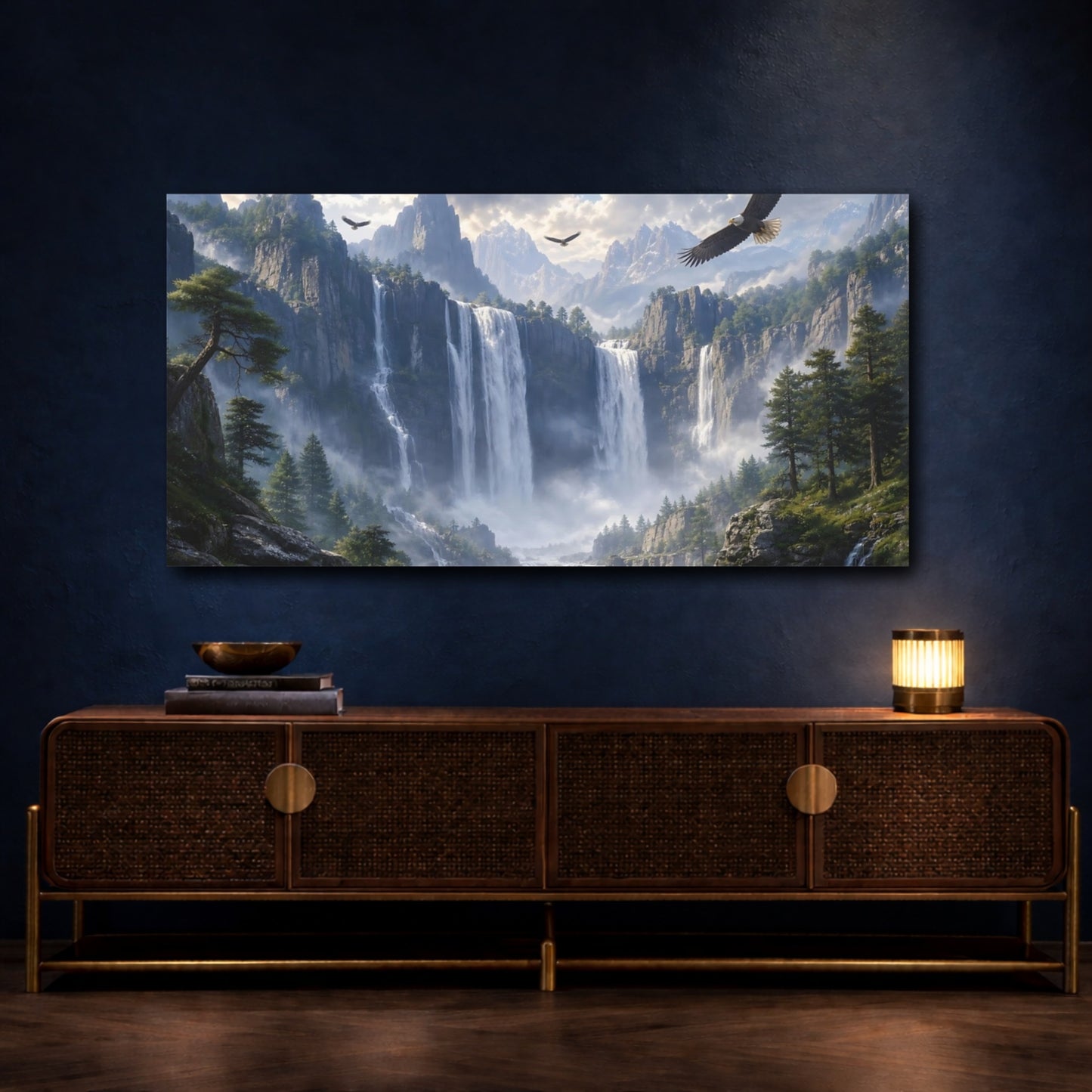 Mockup 4. Nature Mountain Landscape Green And Blue shown as stretched canvas wall art