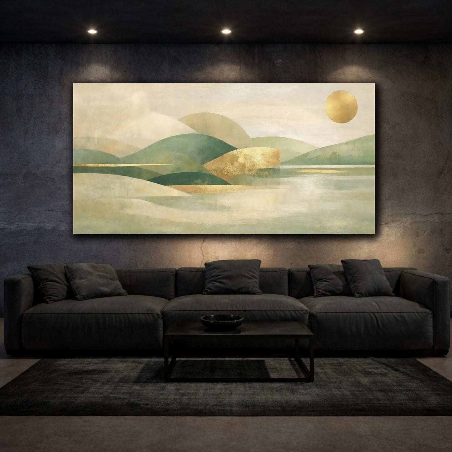 Mockup 2. Nature Mountain Landscape Green Gold Landscape shown as stretched canvas wall art