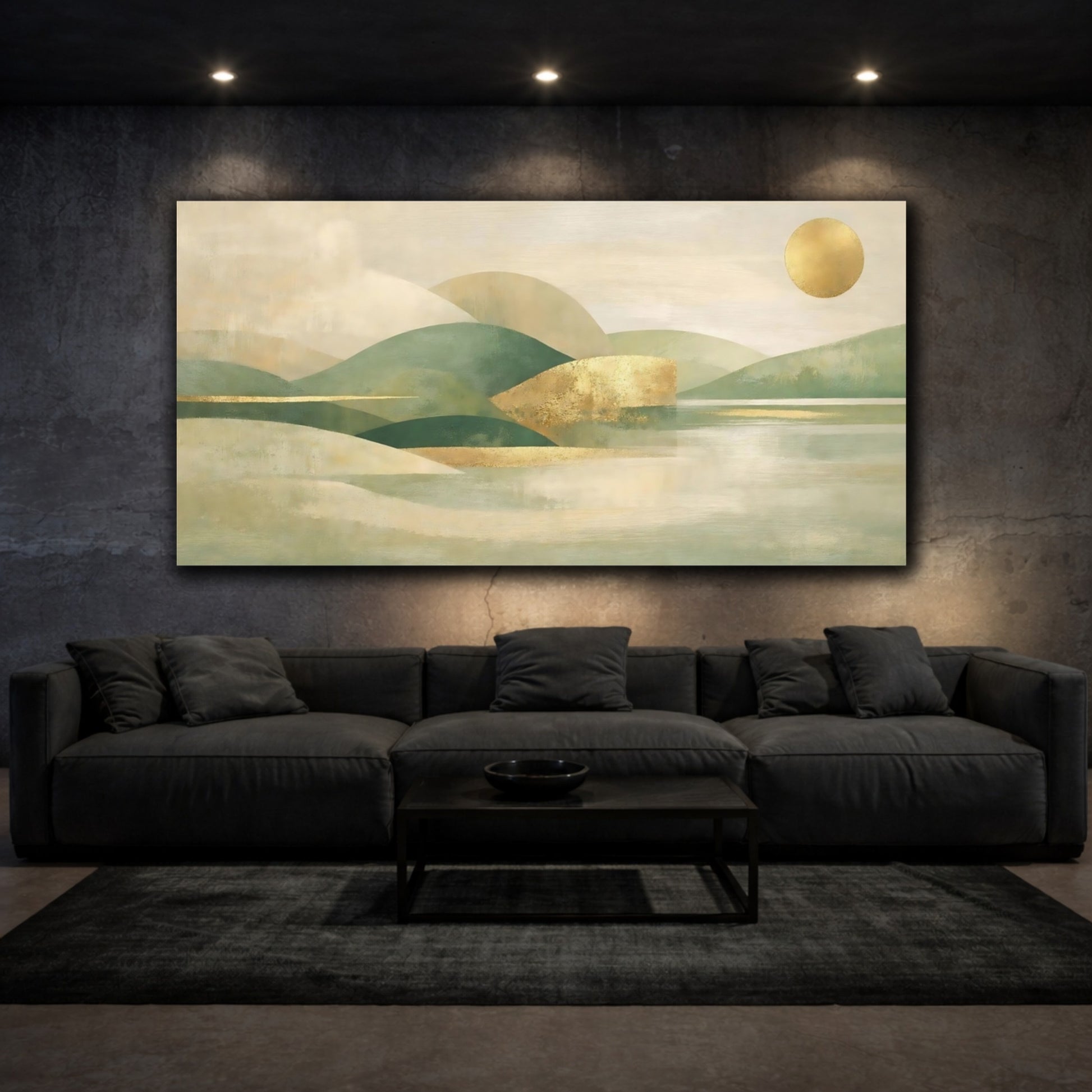 Mockup 2. Nature Mountain Landscape Green Gold Landscape shown as stretched canvas wall art