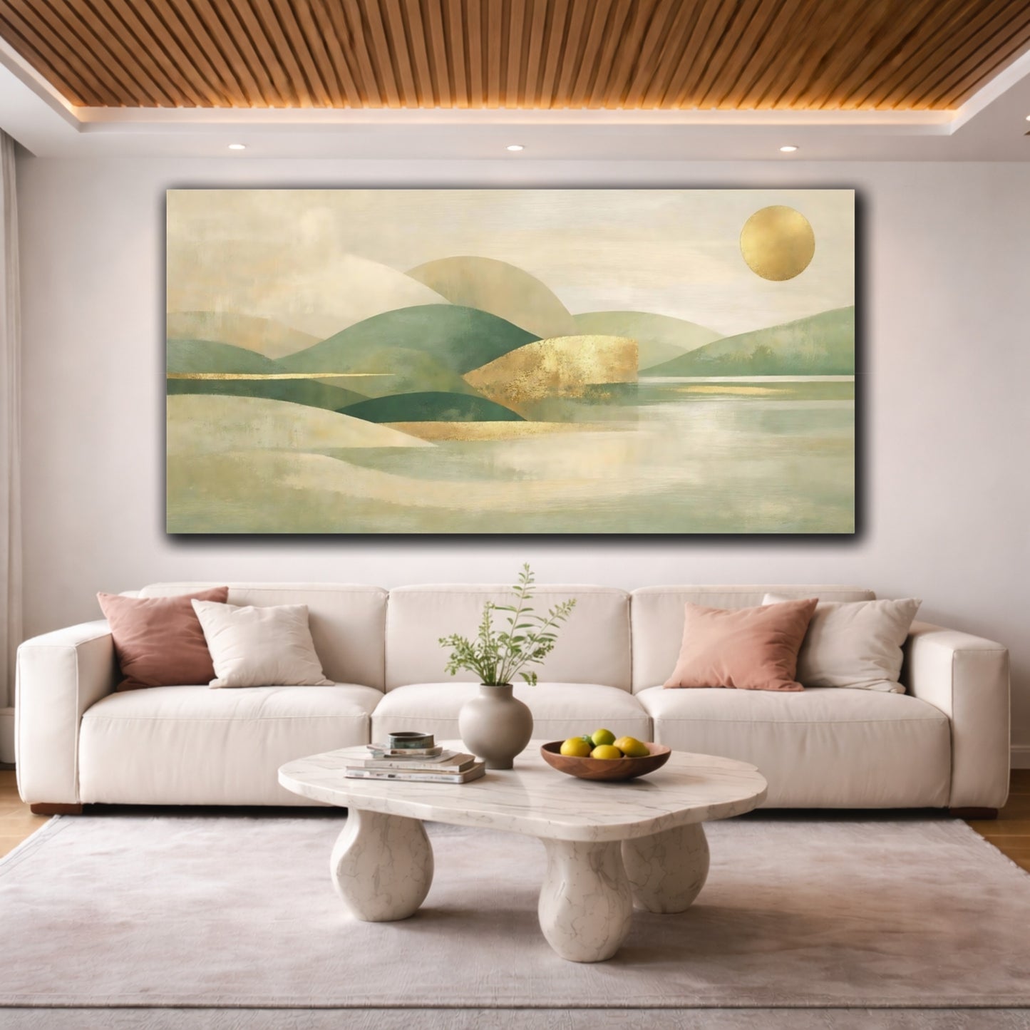 Mockup 3. Nature Mountain Landscape Green Gold Landscape shown as stretched canvas wall art