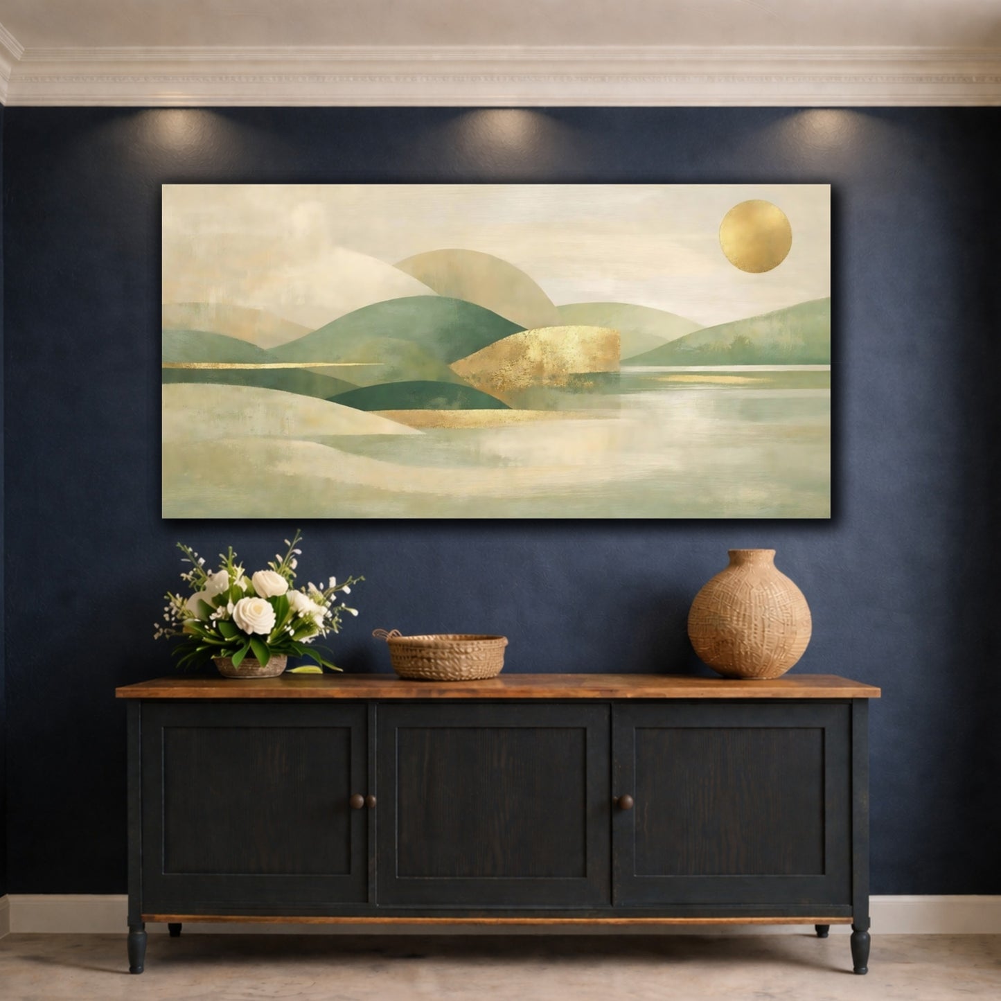 Mockup 4. Nature Mountain Landscape Green Gold Landscape shown as stretched canvas wall art
