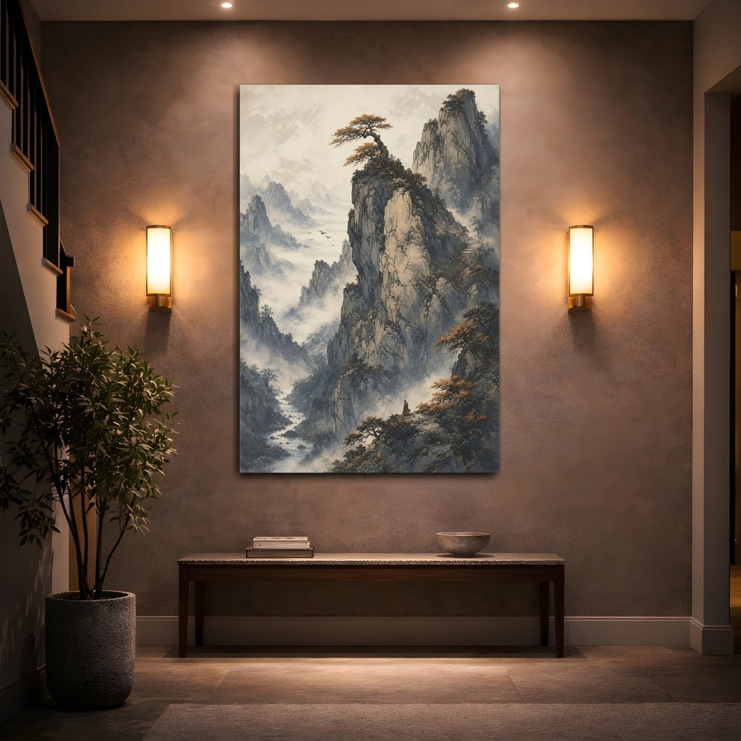Nature Mountain Landscape Grey Orange Canvas Wall Art Print – Living Room Decor, Above Fireplace - YesArtYes
