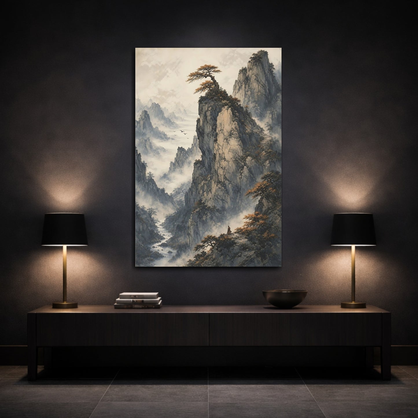 Mockup 3. Nature Mountain Landscape Grey Orange Landscape shown as stretched canvas wall art