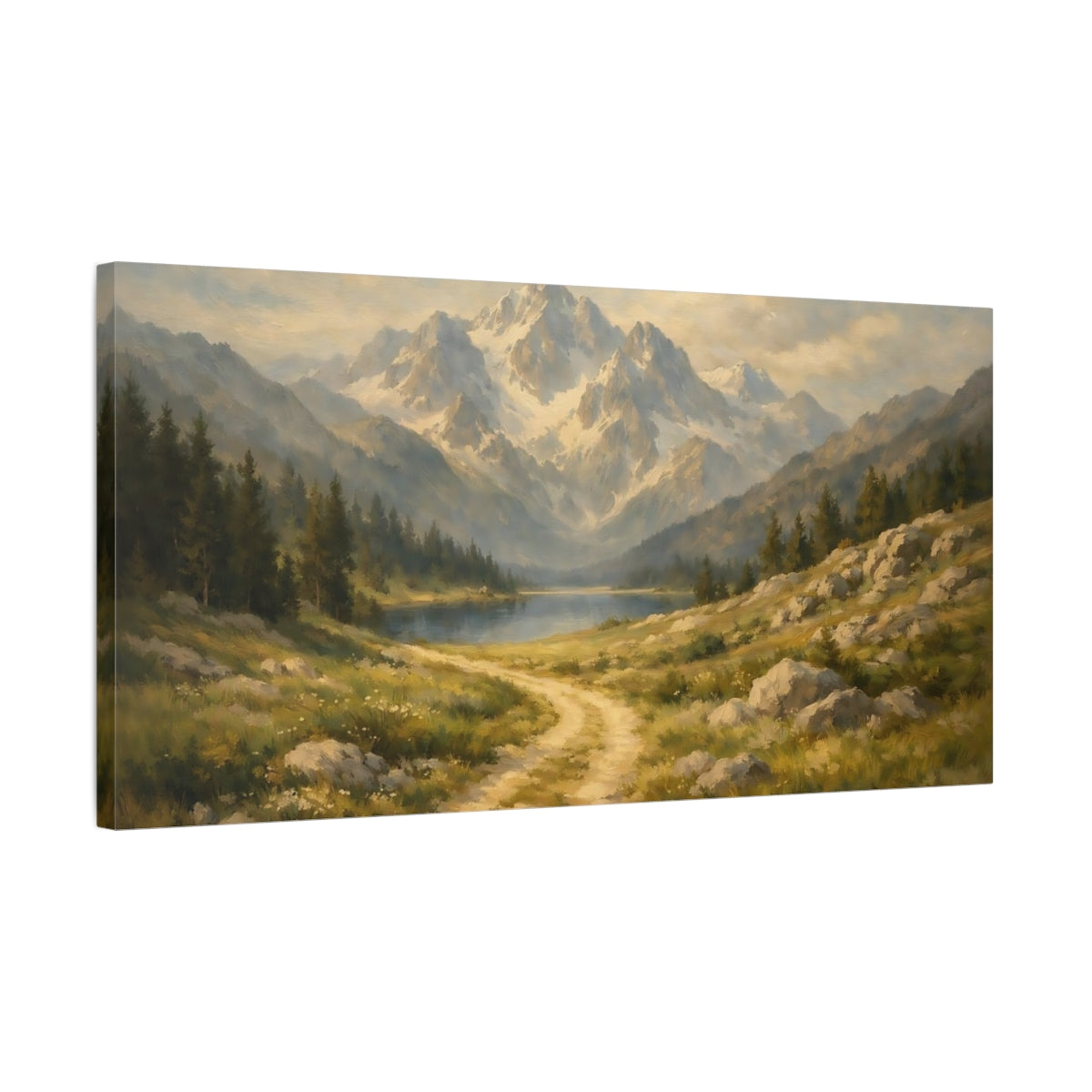 Side Mockup 2. Nature Mountain Landscape Mountain Lake shown as stretched canvas wall art