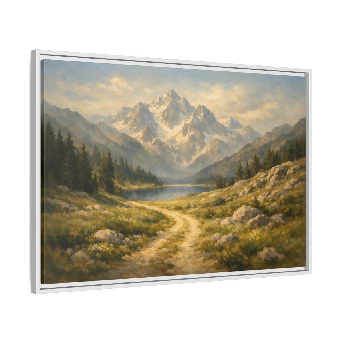 Side Mockup 8. Nature Mountain Landscape Mountain Lake Landscape shown as stretched canvas wall art