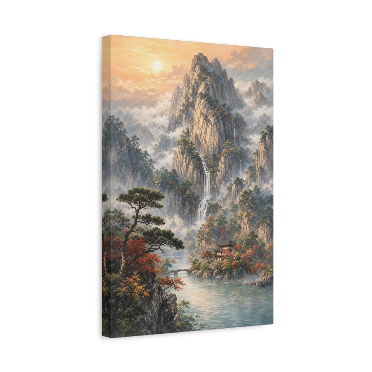 Side Mockup 4. Nature Mountain Landscape Misty Mountain Lake shown as stretched canvas wall art