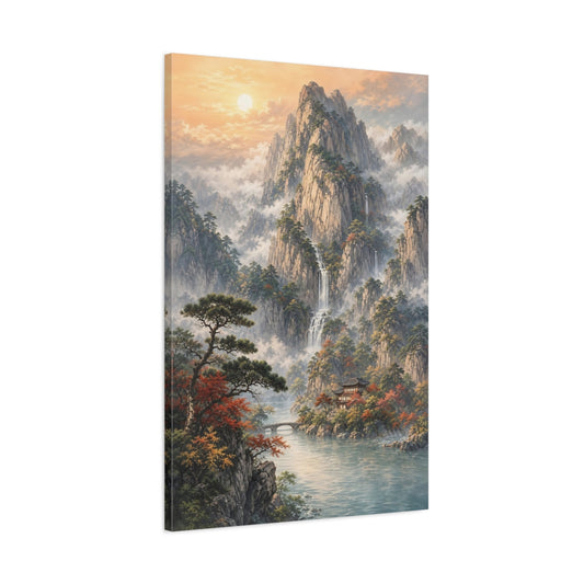 Main Mockup. Nature Mountain Landscape Misty Mountain Lake shown as stretched canvas wall art