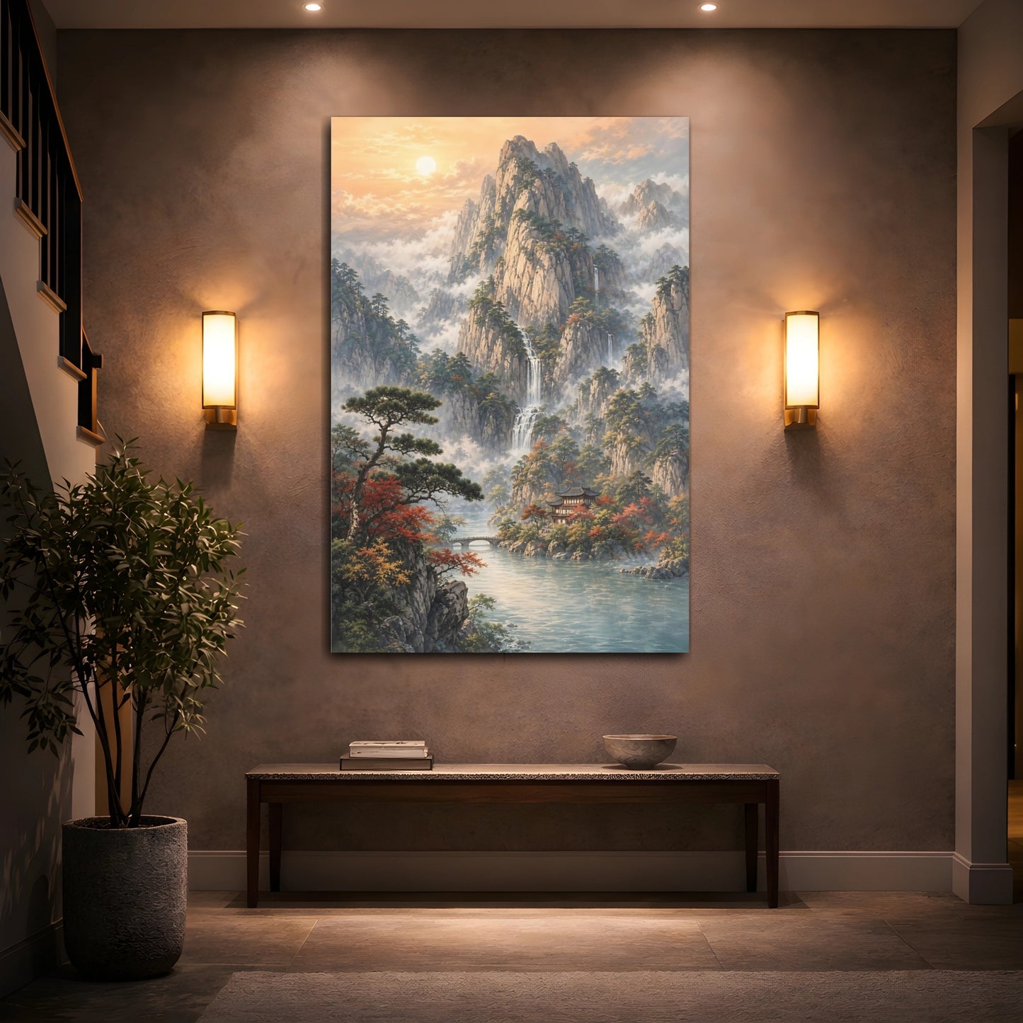 Mockup 2. Nature Mountain Landscape Misty Mountain Lake shown as stretched canvas wall art
