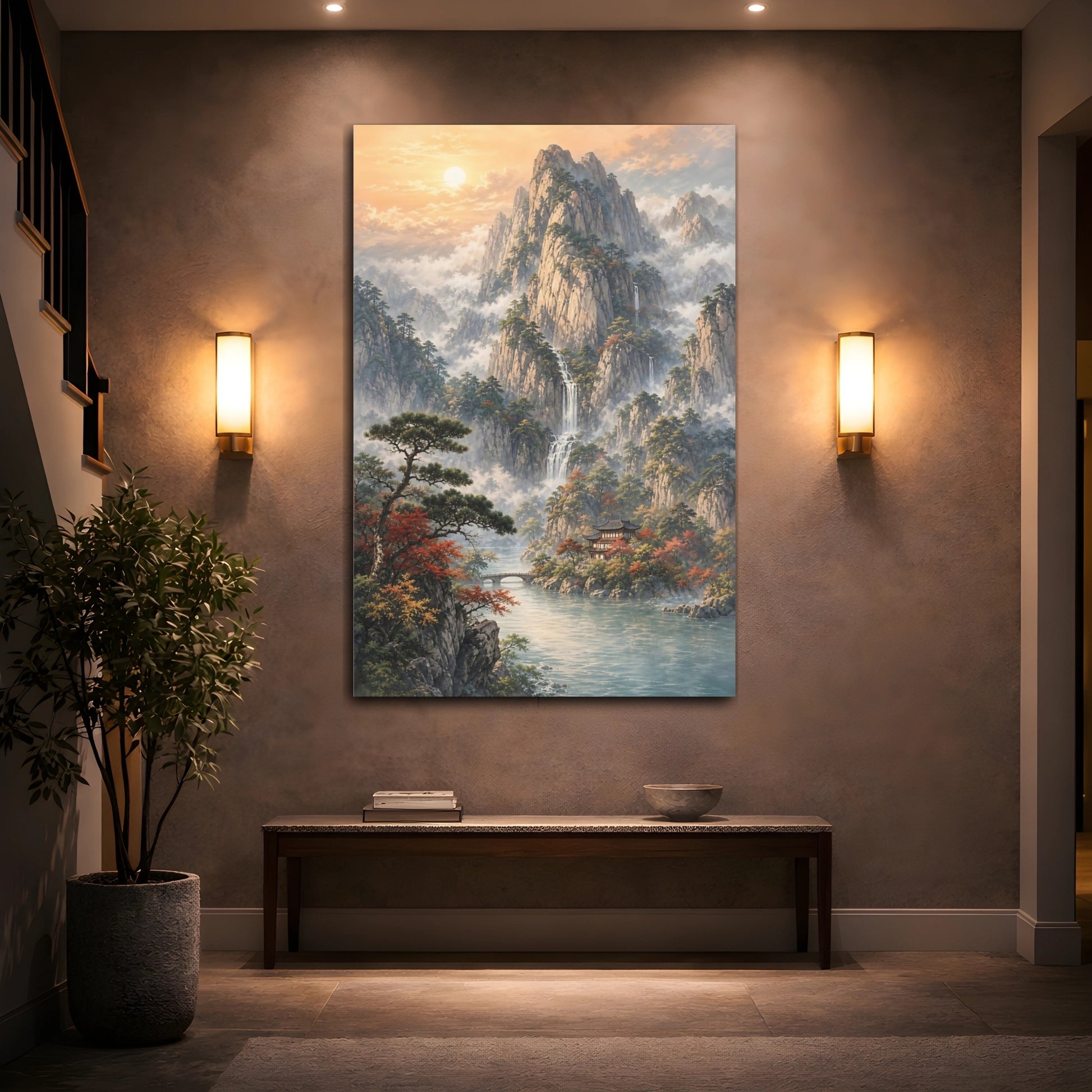 Mockup 2. Nature Mountain Landscape Misty Mountain Lake shown as stretched canvas wall art