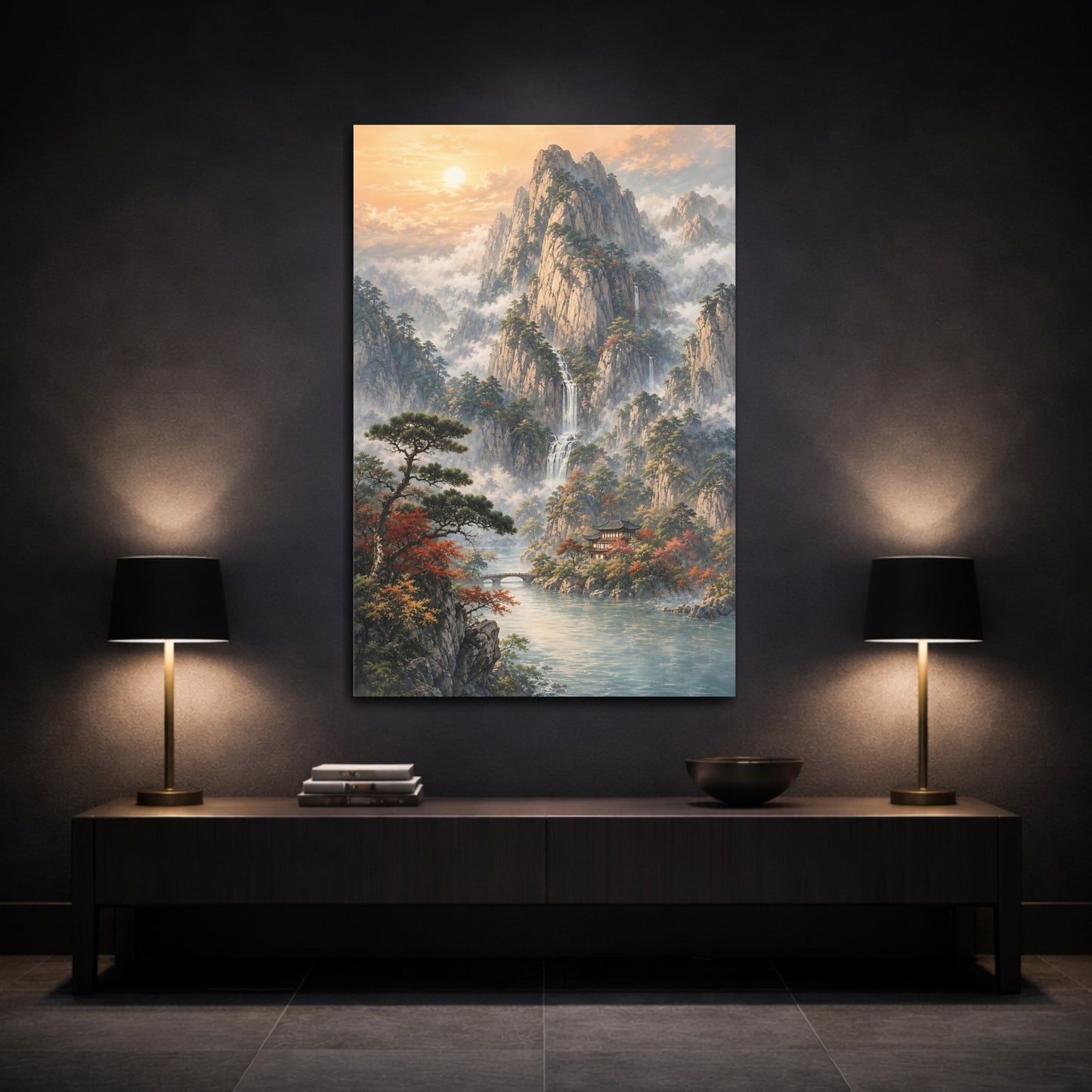 Mockup 3. Nature Mountain Landscape Misty Mountain Lake shown as stretched canvas wall art