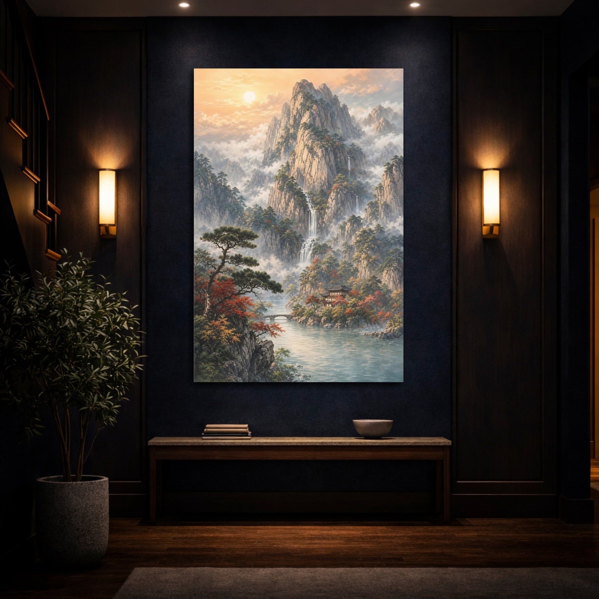 Mockup 4. Nature Mountain Landscape Misty Mountain Lake shown as stretched canvas wall art