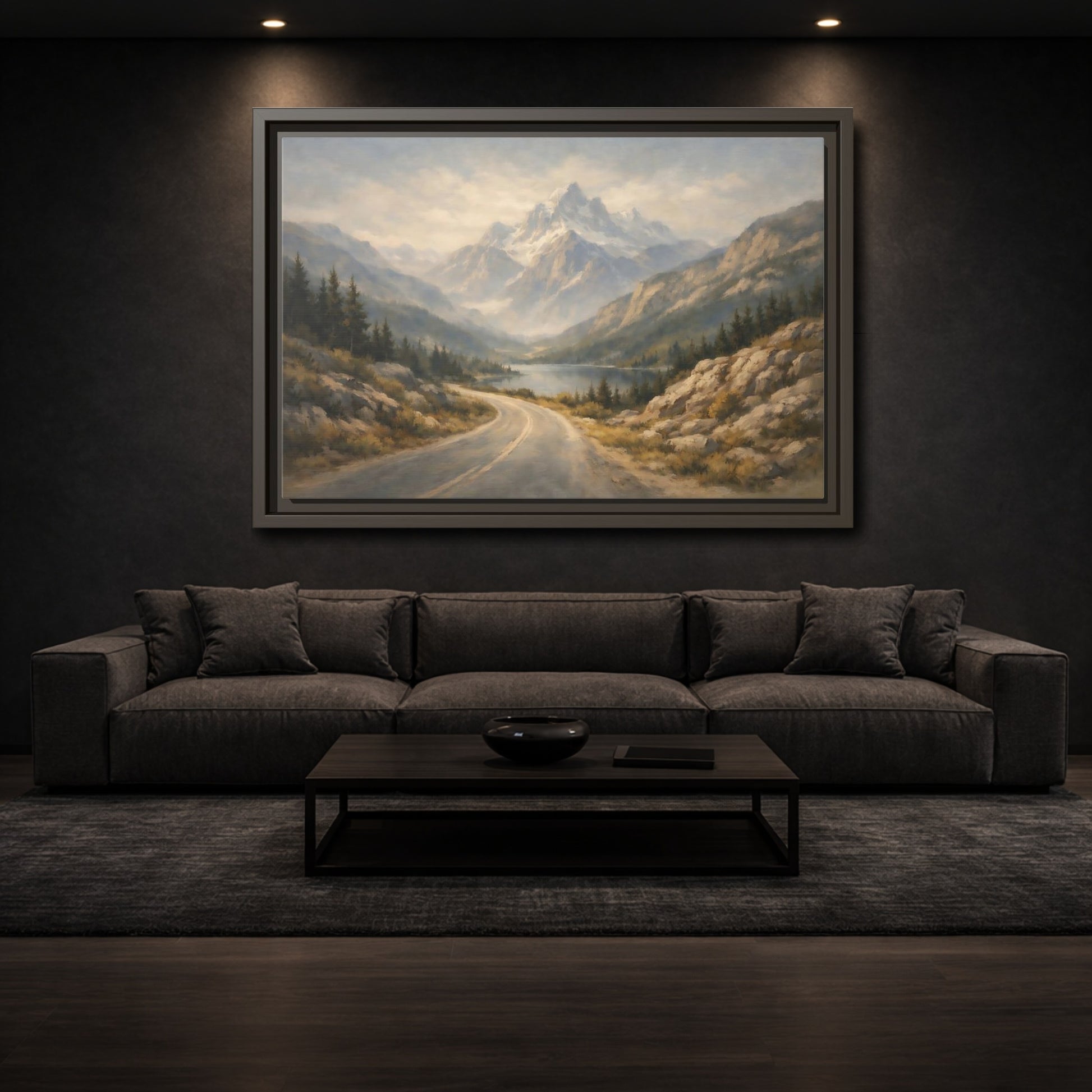 Mockup 2. Nature Mountain Landscape Misty Mountain Road shown as stretched canvas wall art