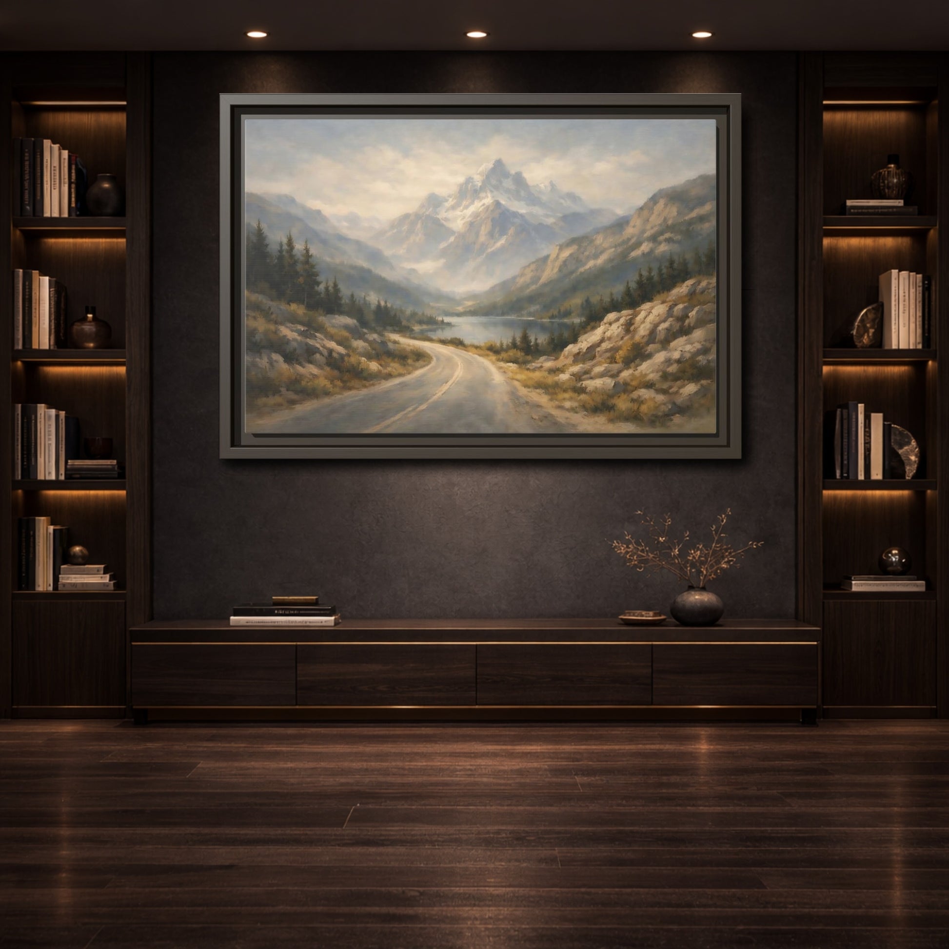 Mockup 3. Nature Mountain Landscape Misty Mountain Road shown as stretched canvas wall art