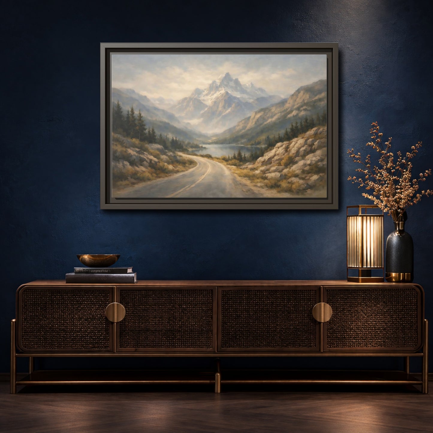 Mockup 4. Nature Mountain Landscape Misty Mountain Road shown as stretched canvas wall art