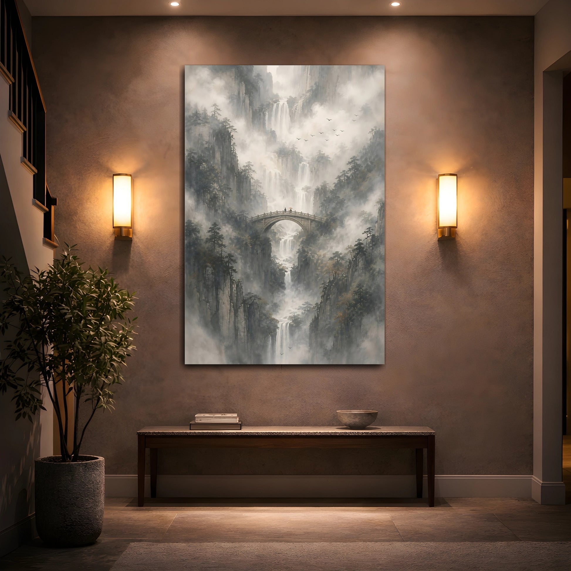 Mockup 2. Nature Mountain Landscape Misty Mountains shown as stretched canvas wall art