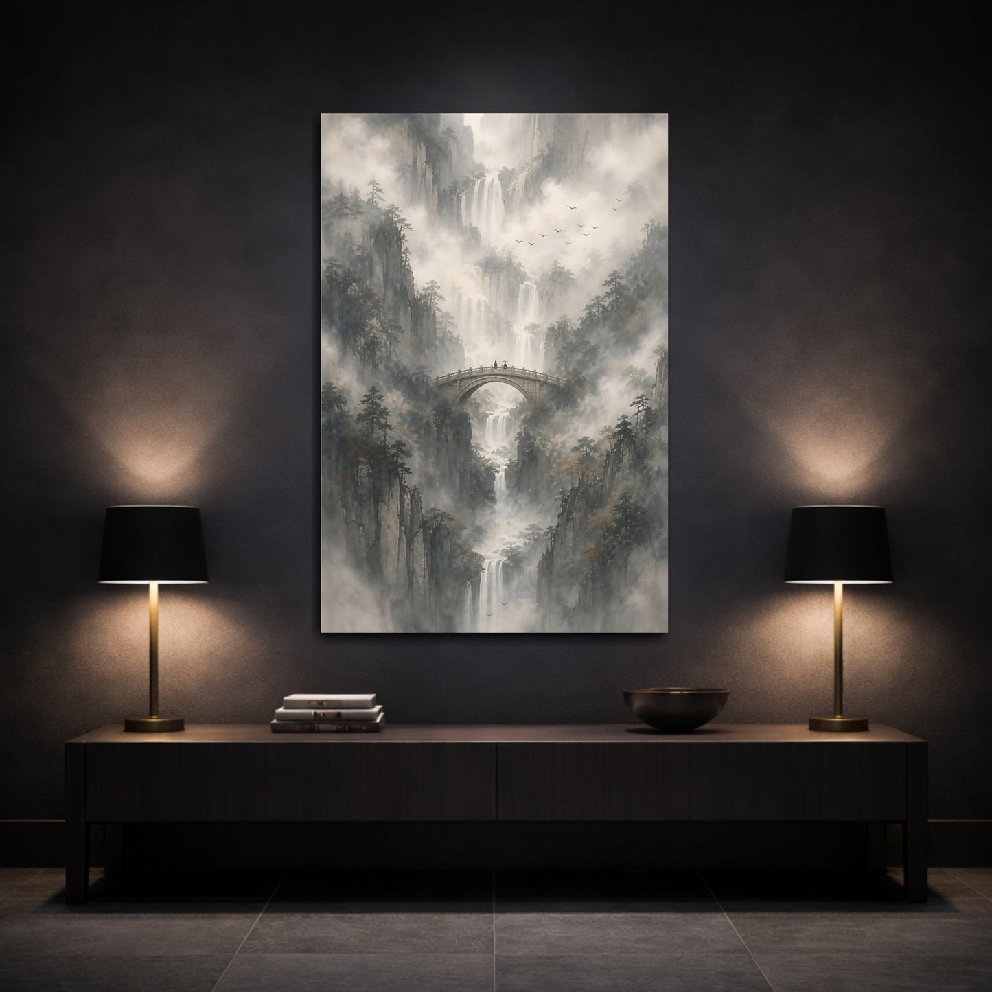Mockup 3. Nature Mountain Landscape Misty Mountains shown as stretched canvas wall art