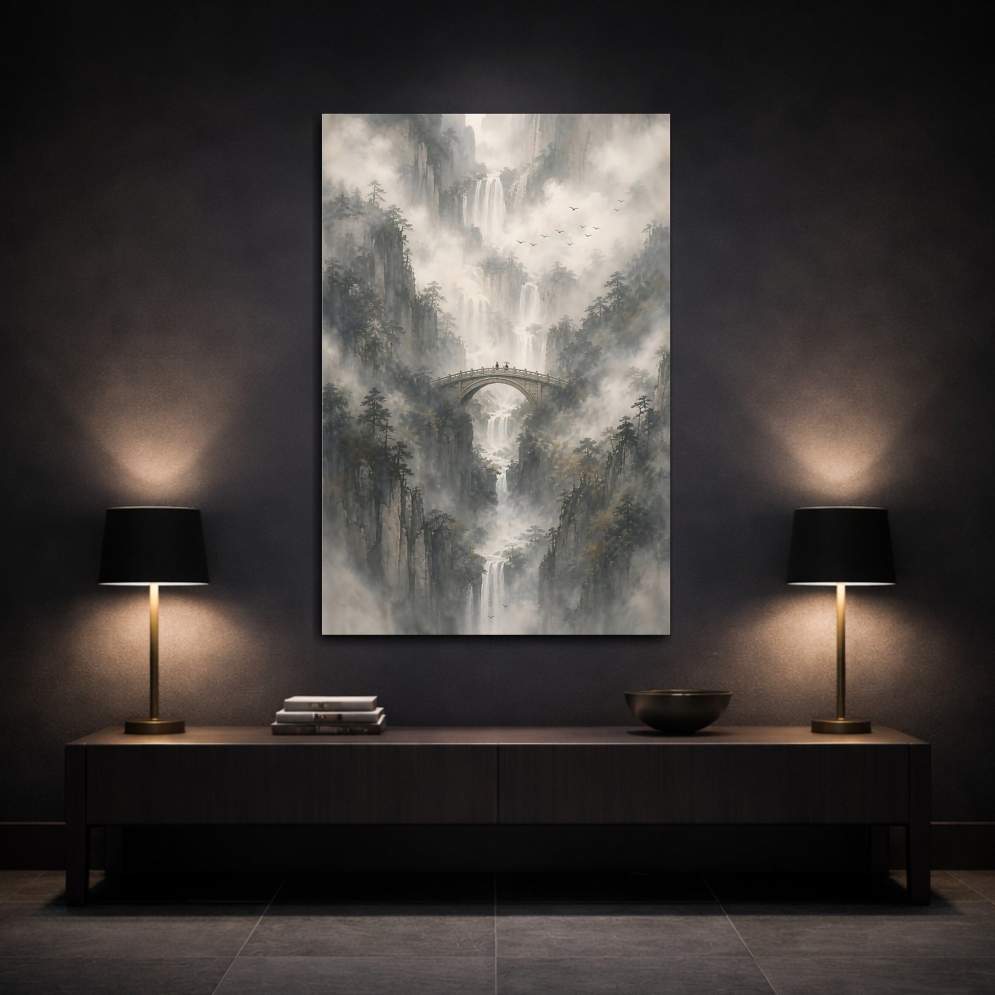 Mockup 3. Nature Mountain Landscape Misty Mountains shown as stretched canvas wall art